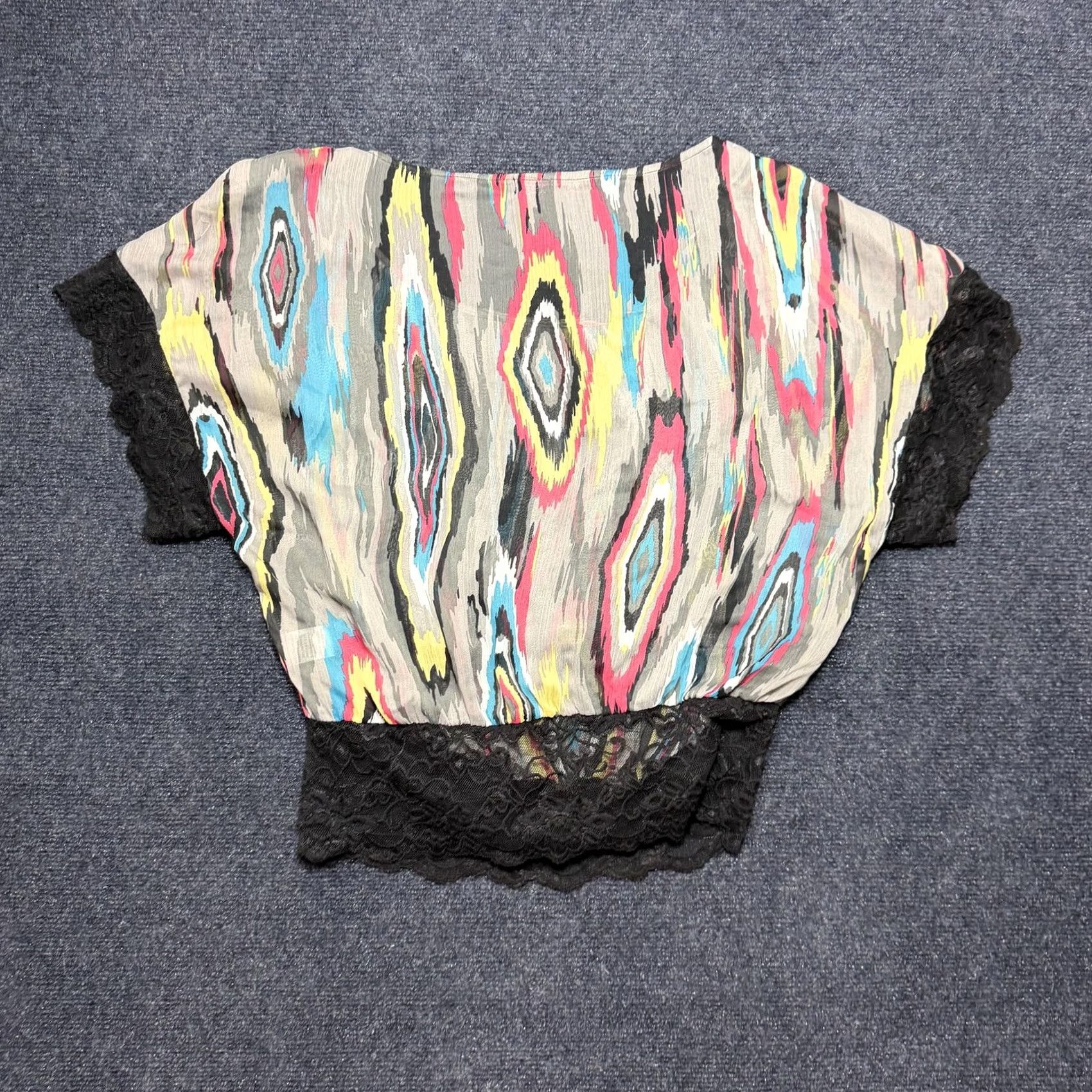Almost Famous Y2K Almost Famous Blouse Womens L Multicolor Ikat Dolman Lace Hem Sheer Top Size L / US 10 / IT 46 - 5 Thumbnail