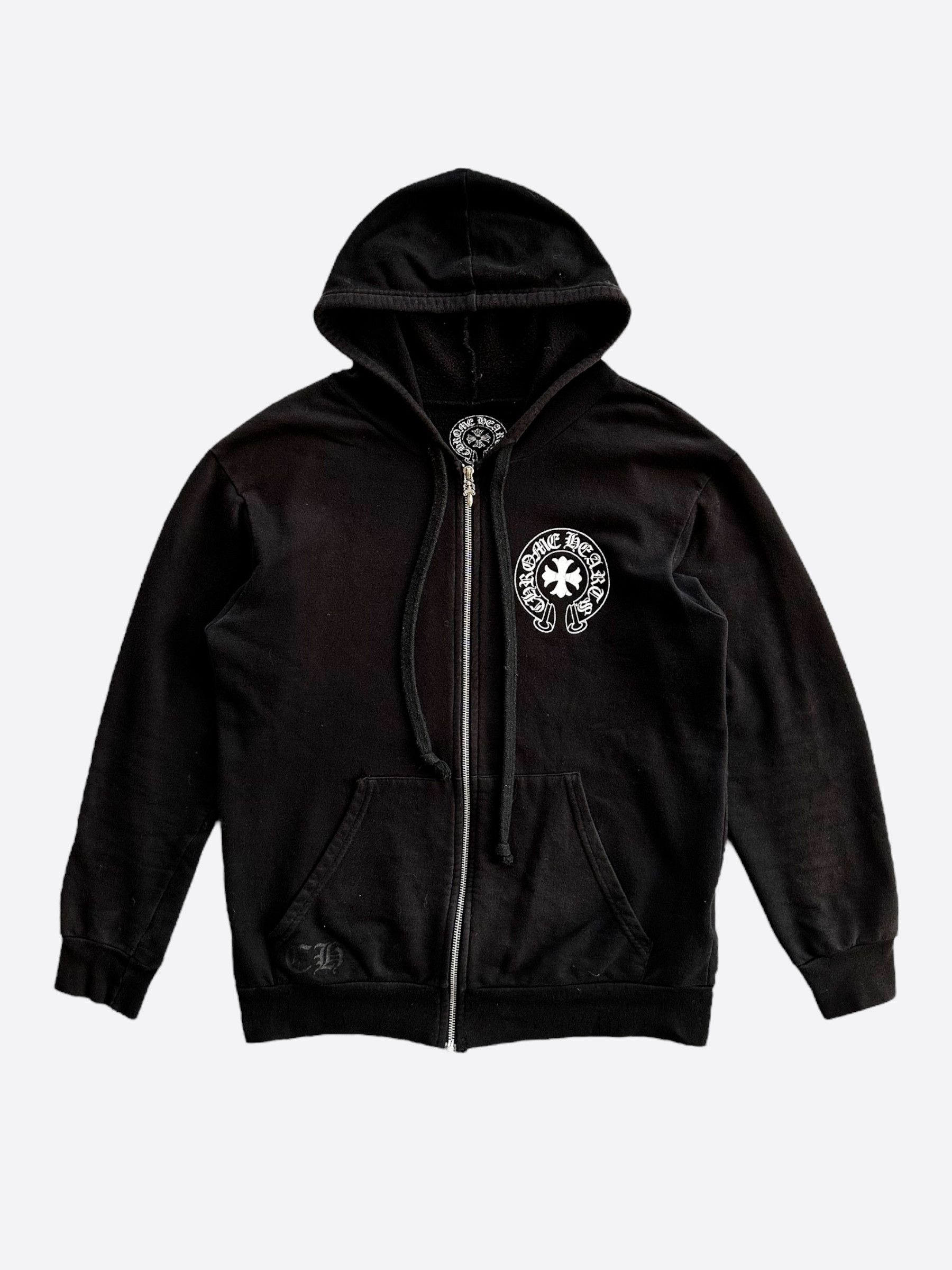 image of Chrome Hearts Black & White Made In Hollywood Zip Up Hoodie, Men's (Size Large)