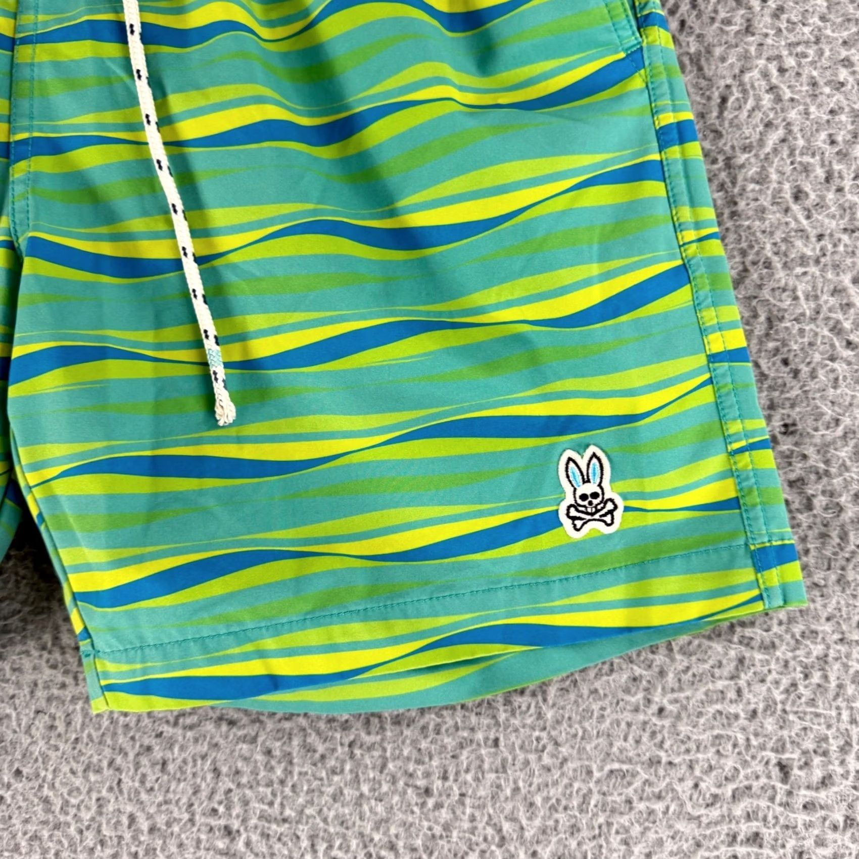 Psycho Bunny Psycho Bunny Swim Trunks Mens Medium Green Wavy Stripe Drawstring Shorts Size US 31 - 2 Thumbnail