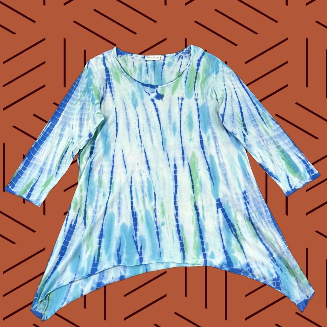 Vintage LULU-B Blouse Womens Medium Blue Green White Tie Dye Tunic Top Round Neck Preppy Size M / US 6-8 / IT 42-44 - 1 Thumbnail