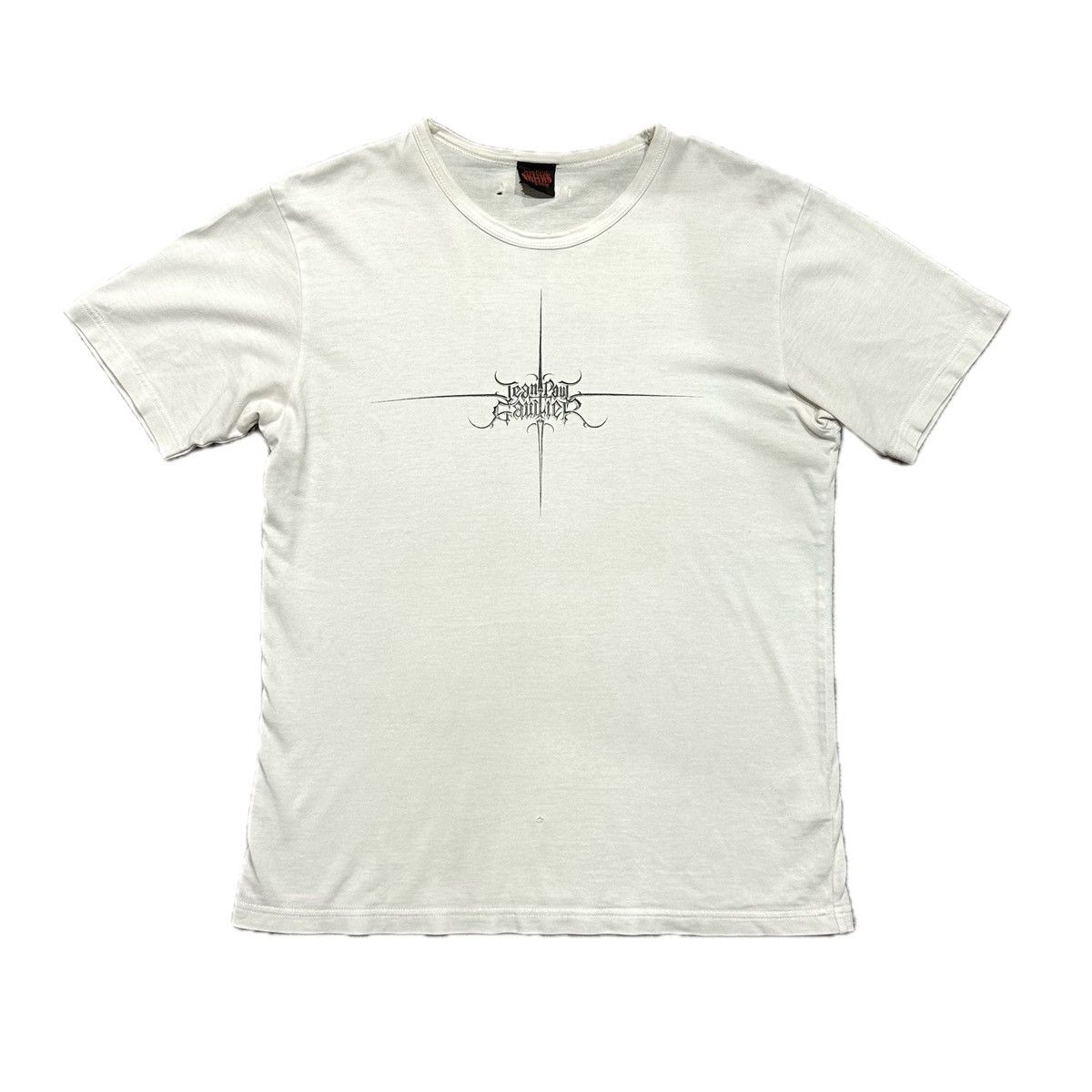 image of Ss00 Jean Paul Gaultier Gothic Metal Logo White T-Shirt, Men's (Size Medium)