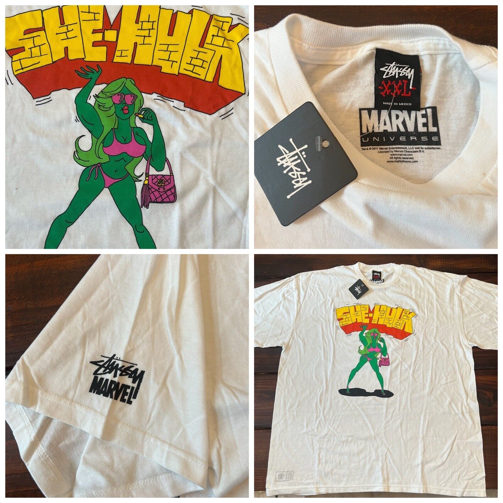 image of Vintage Stussy X Marvel She-Hulk Tee Shirt in White, Men's (Size 2XL)