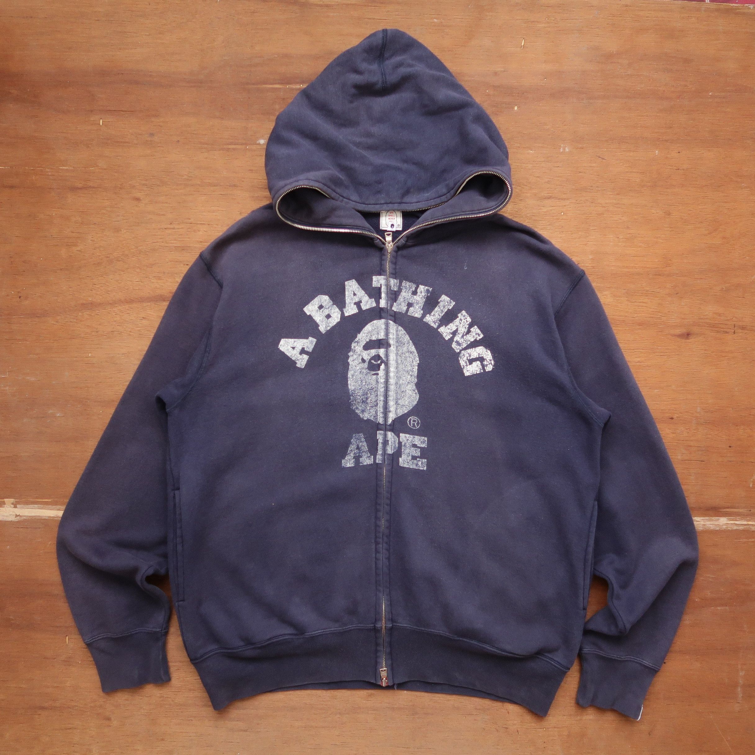 image of Bape x Vintage College Full Zip Hoodie in Navy, Men's (Size Medium)
