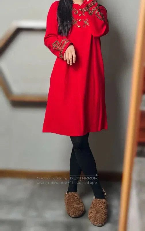 Yves Saint Laurent YSL Red Wool Dress with Embellishments . Size XXS / US 00 / IT 34 - 2 Thumbnail