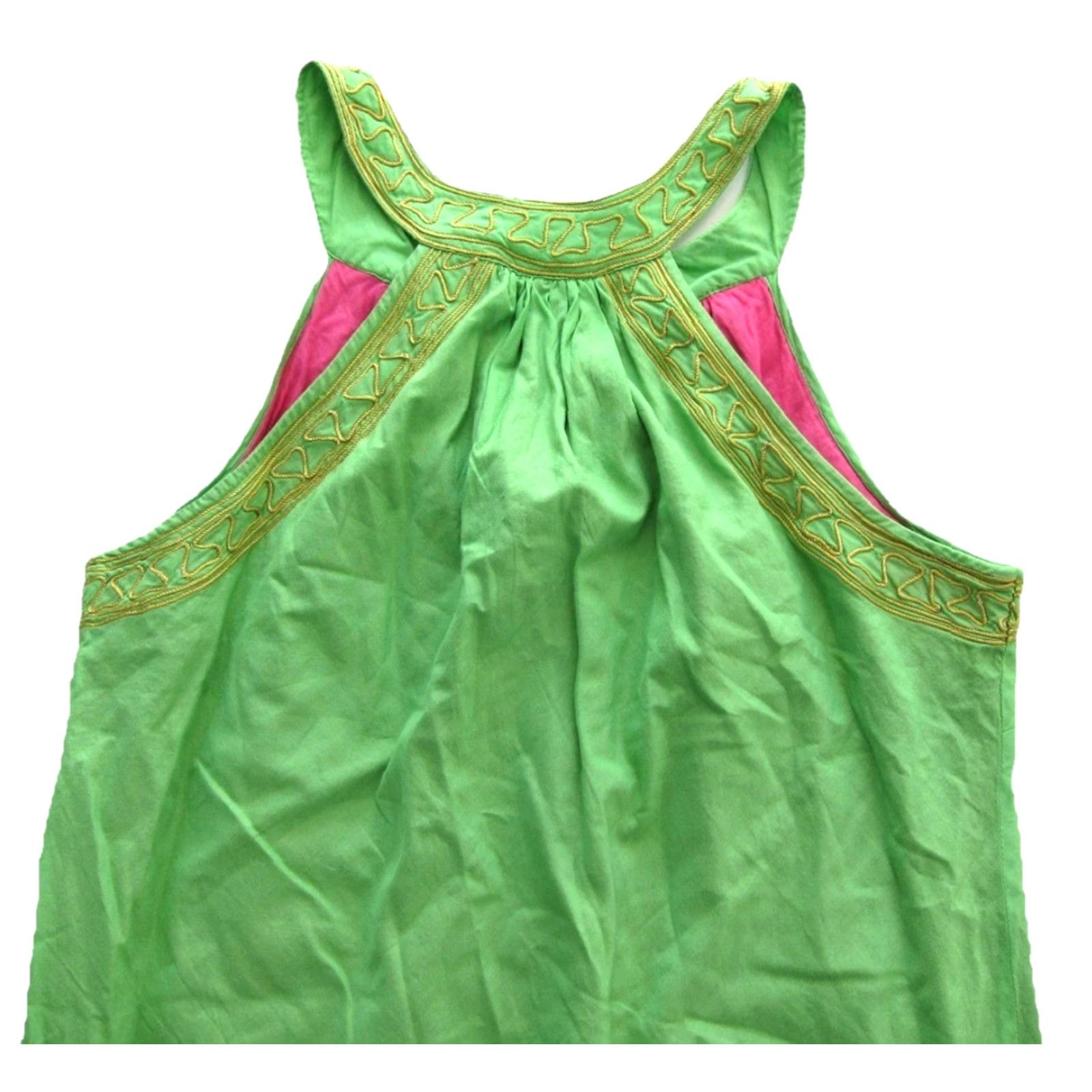 Vintage Gretchen Scott 100% Cotton Green Embroidered Gold Tunic Tank Dress M-L - Vintage Women's Maxi Kaftan Sleeveless V-Neck Pullover Dress Size M / US 6-8 / IT 42-44 - 7 Thumbnail