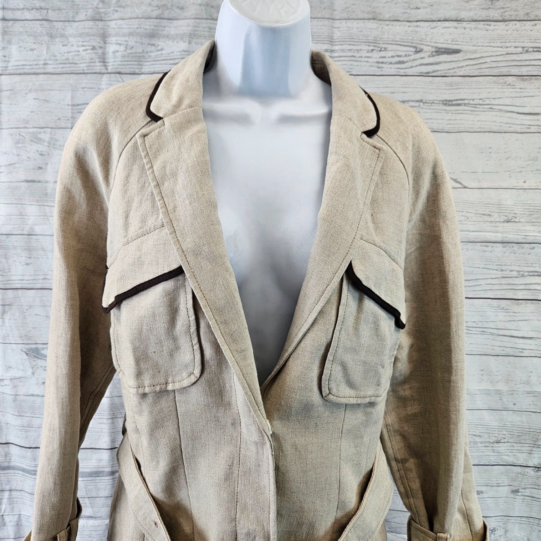 Ann Taylor Ann Taylor LOFT Womens Jacket Sz 10 Beige Brown Linen Snap Buttons Belt Size L / US 10 / IT 46 - 2 Thumbnail