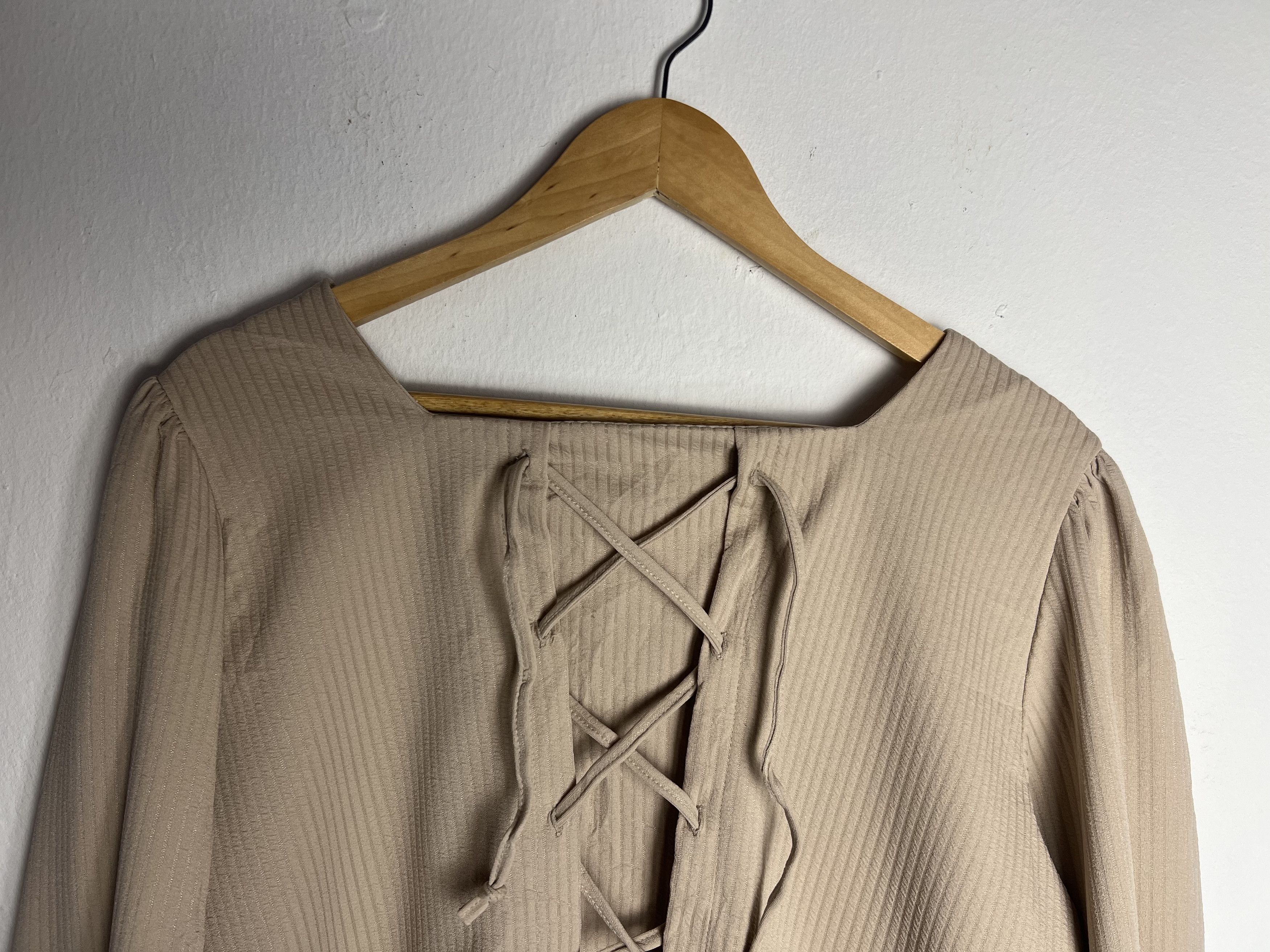 Japanese Brand Noannu Beige Long Sleeve Top square neck and lace up detail Size L / US 10 / IT 46 - 6 Thumbnail