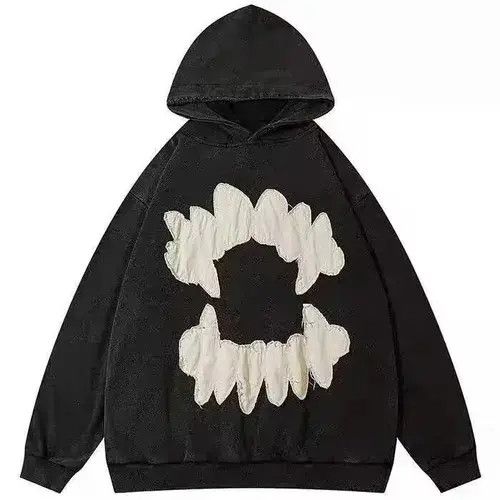 Aran Isles Knitwear × Japanese Brand Black vampire teeth print loose hooded sweatshirt Size US L / EU 52-54 / 3 - 2 Thumbnail