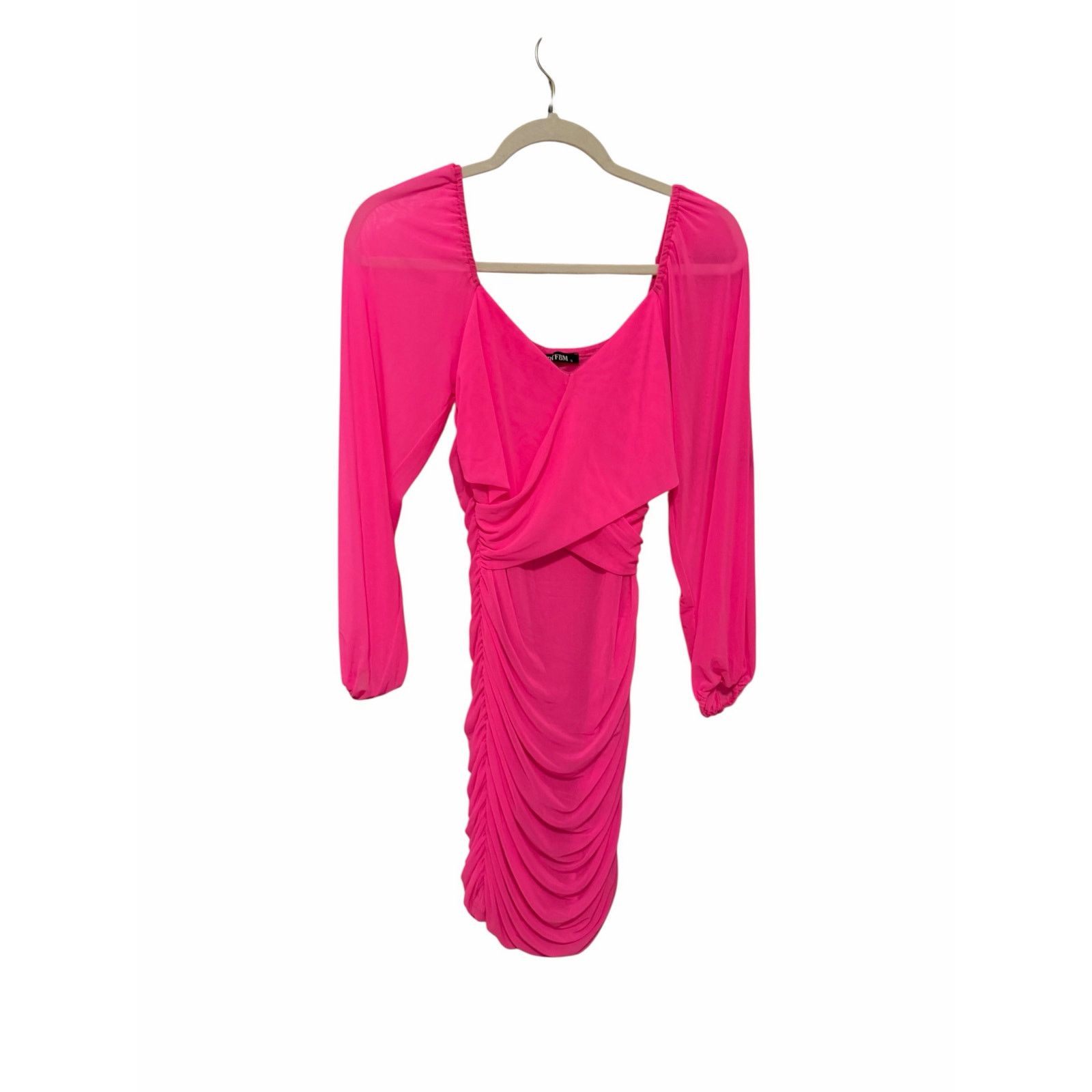 Other BTFBM Bright Pink Sexy Ruched Long Sleeve Bodycon Mini Dress Size S / US 4 / IT 40 - 4 Thumbnail
