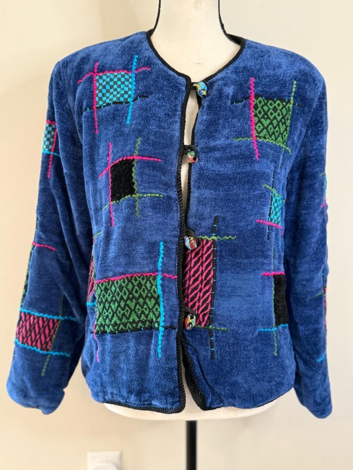 Other Velour plush patchwork cardigan jacket wearable art SZ LG Size L / US 10 / IT 46 - 1 Thumbnail