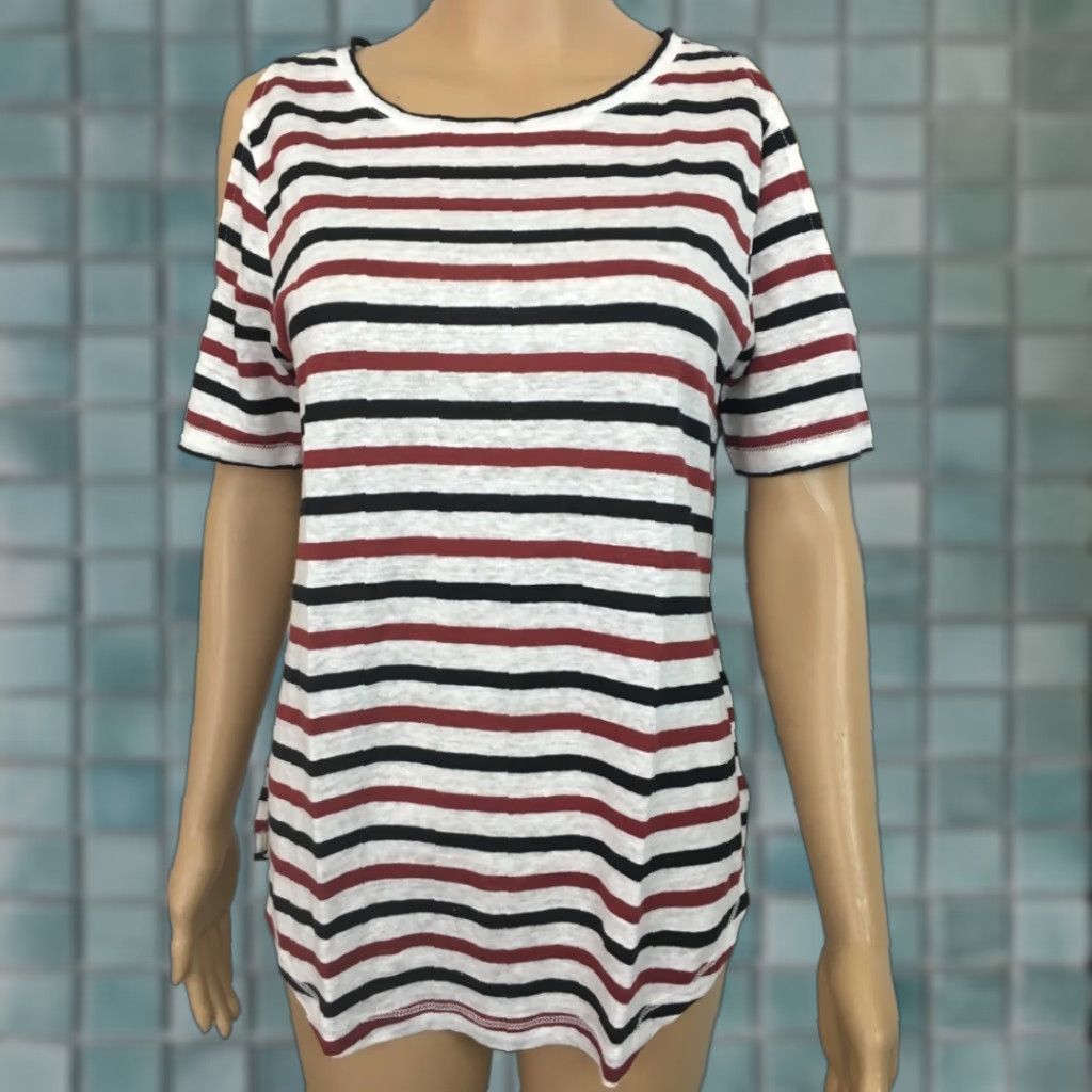 Sanctuary Sanctuary Top Women's Multicolor Stripe Short Sleeve Cold Shoulder Linen Tunic S Size S / US 4 / IT 40 - 1 Thumbnail