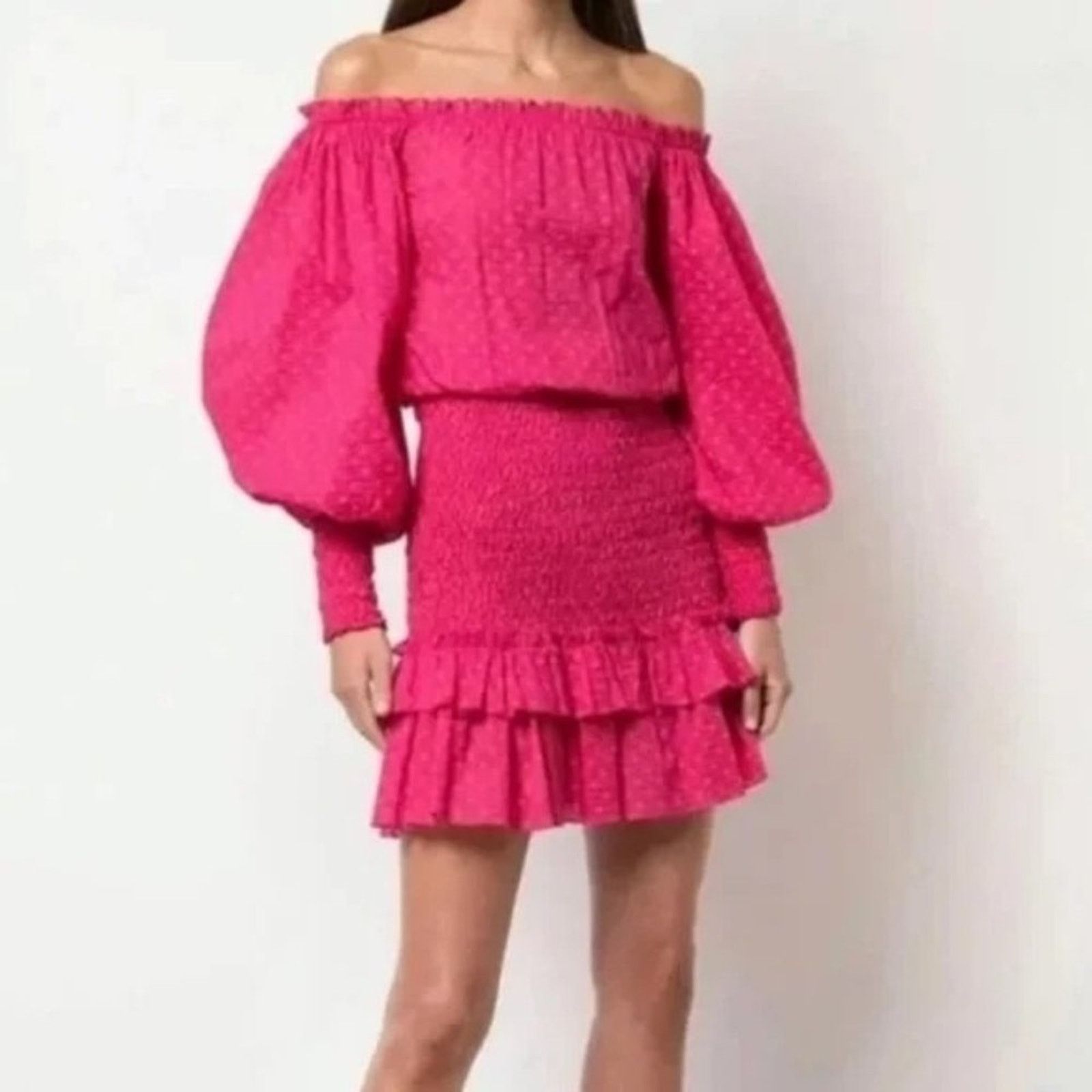 ALEXIS Alexis Marilena Dress Small Smocked Off-shoulder Fuchsia Dot Size S / US 4 / IT 40 - 1 Thumbnail