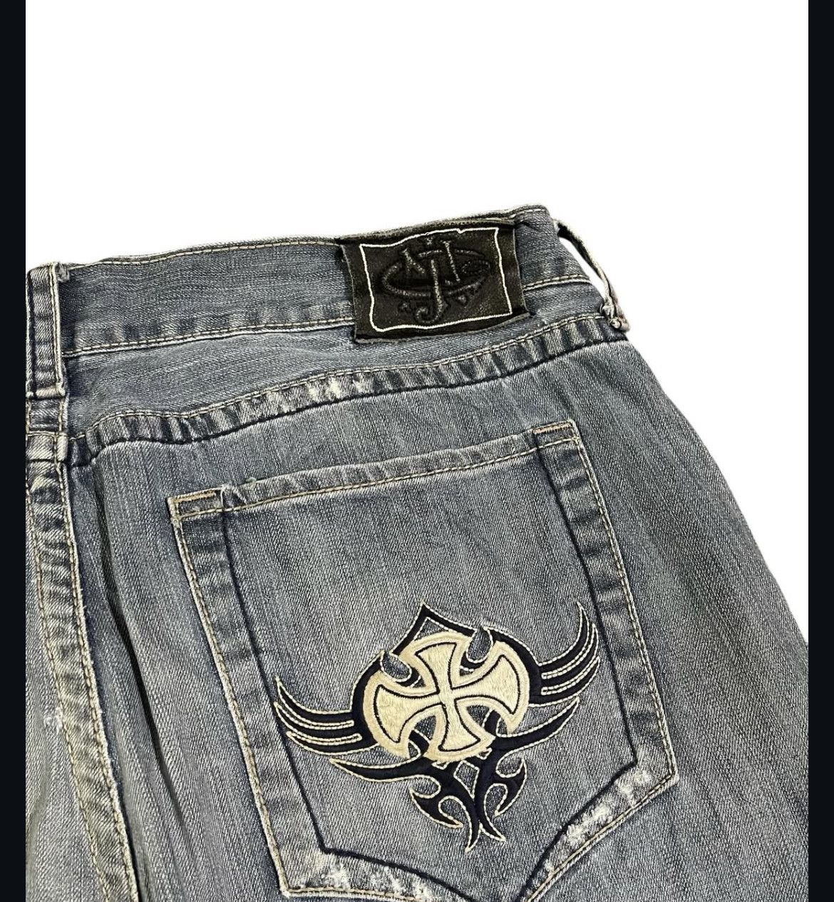 JNCO 2000s JNCO Cross Ripped Embroidery Wash Jeans y2k Size US 40 / EU 56 - 4 Thumbnail