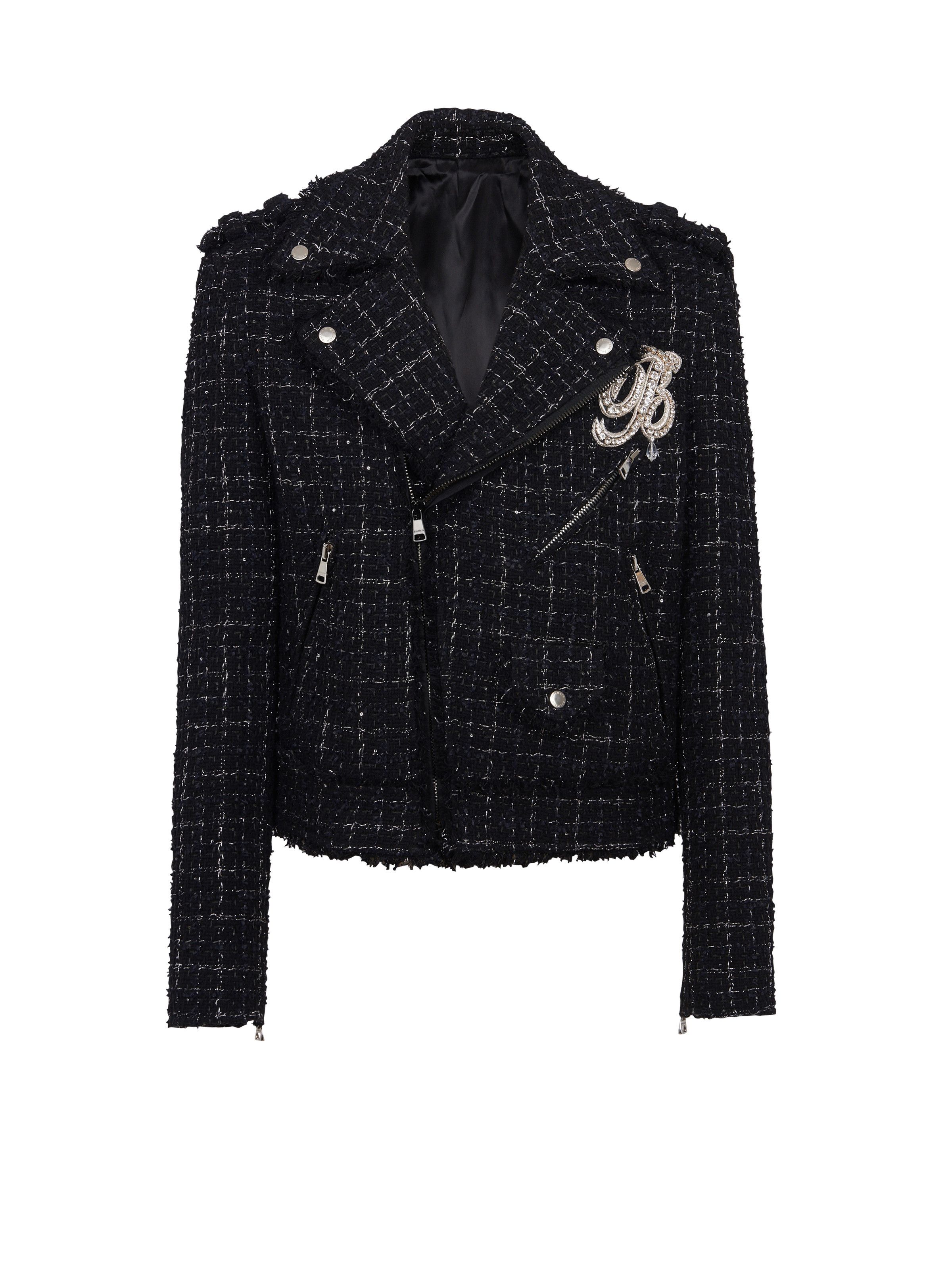 o1s1wg111025 Checked Tweed Biker Jacket in Black