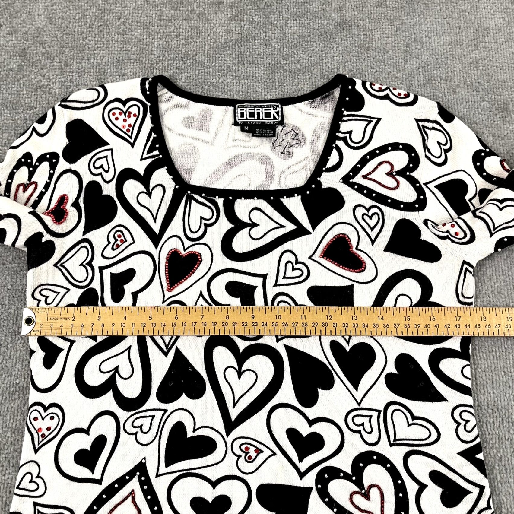 Vintage BEREK Sweater Womens Medium White Black Hearts Love Beaded Sequin Square Neck Size M / US 6-8 / IT 42-44 - 4 Thumbnail