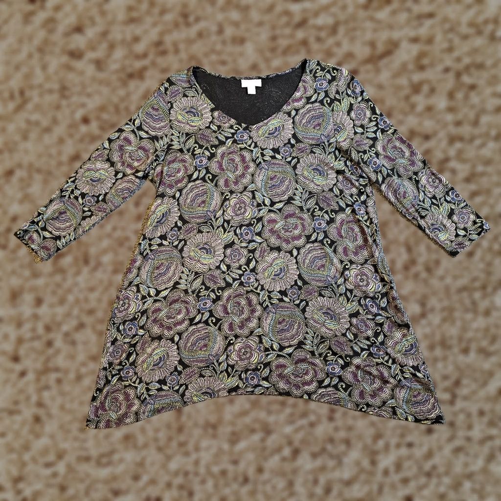 J. Jill J. Jill Top Shirt Womens S Black Purple Floral V-Neck Stretch Casual Career Shirt Size S / US 4 / IT 40 - 1 Thumbnail