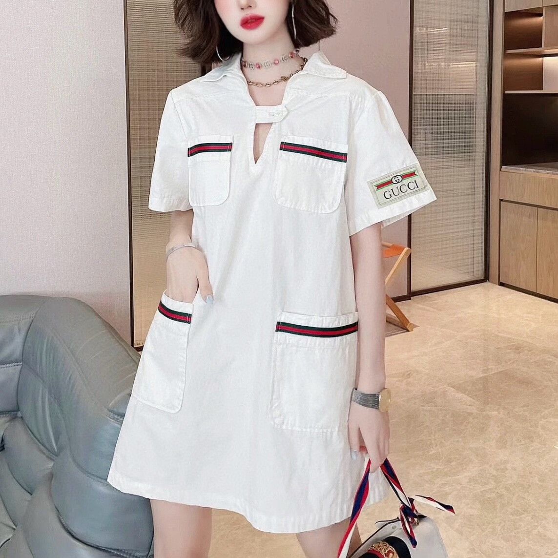 gucci logo pocket short sleeve dress