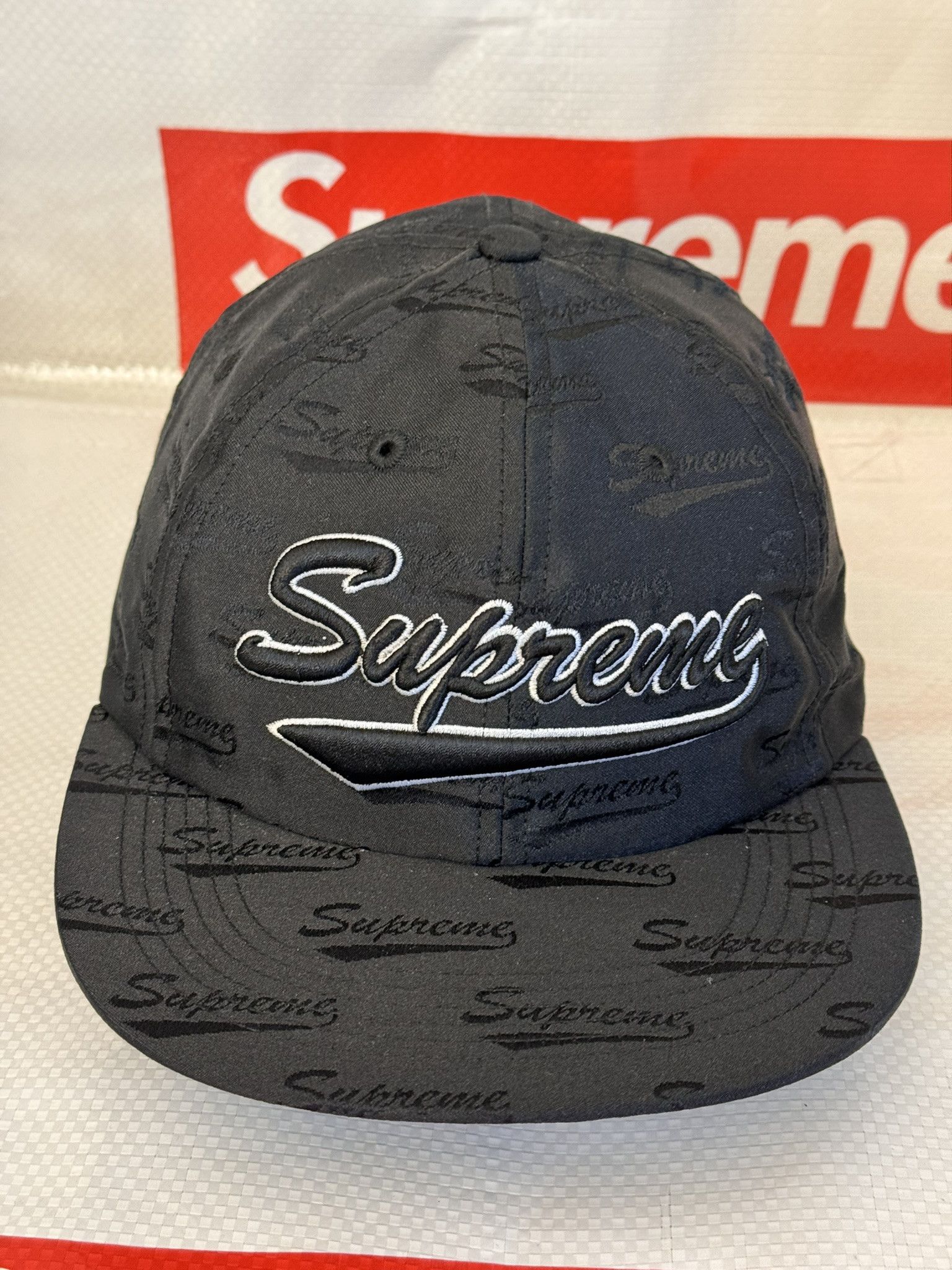 Supreme Jacquard Script 6-Panel Black hat cap