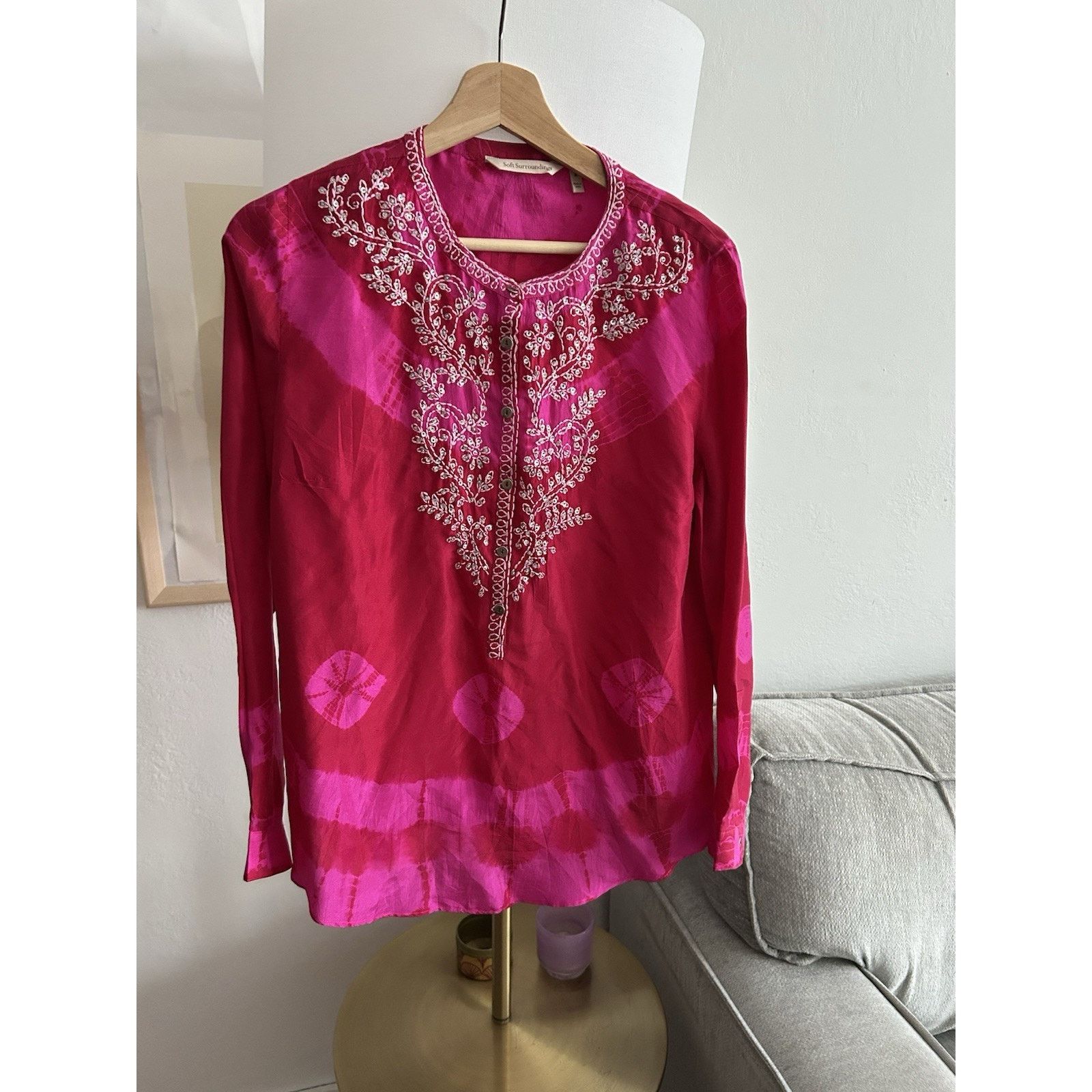 Soft Surroundings SOFT SURROUNDINGS Silk Pink Tie Dye Tunic M Boho Embrodery Size M / US 6-8 / IT 42-44 - 2 Thumbnail