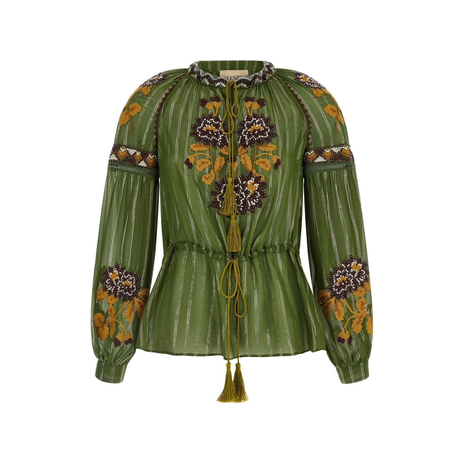 VALENTINO Lurex Embroidered Green Flower Silk Shirt New & Au