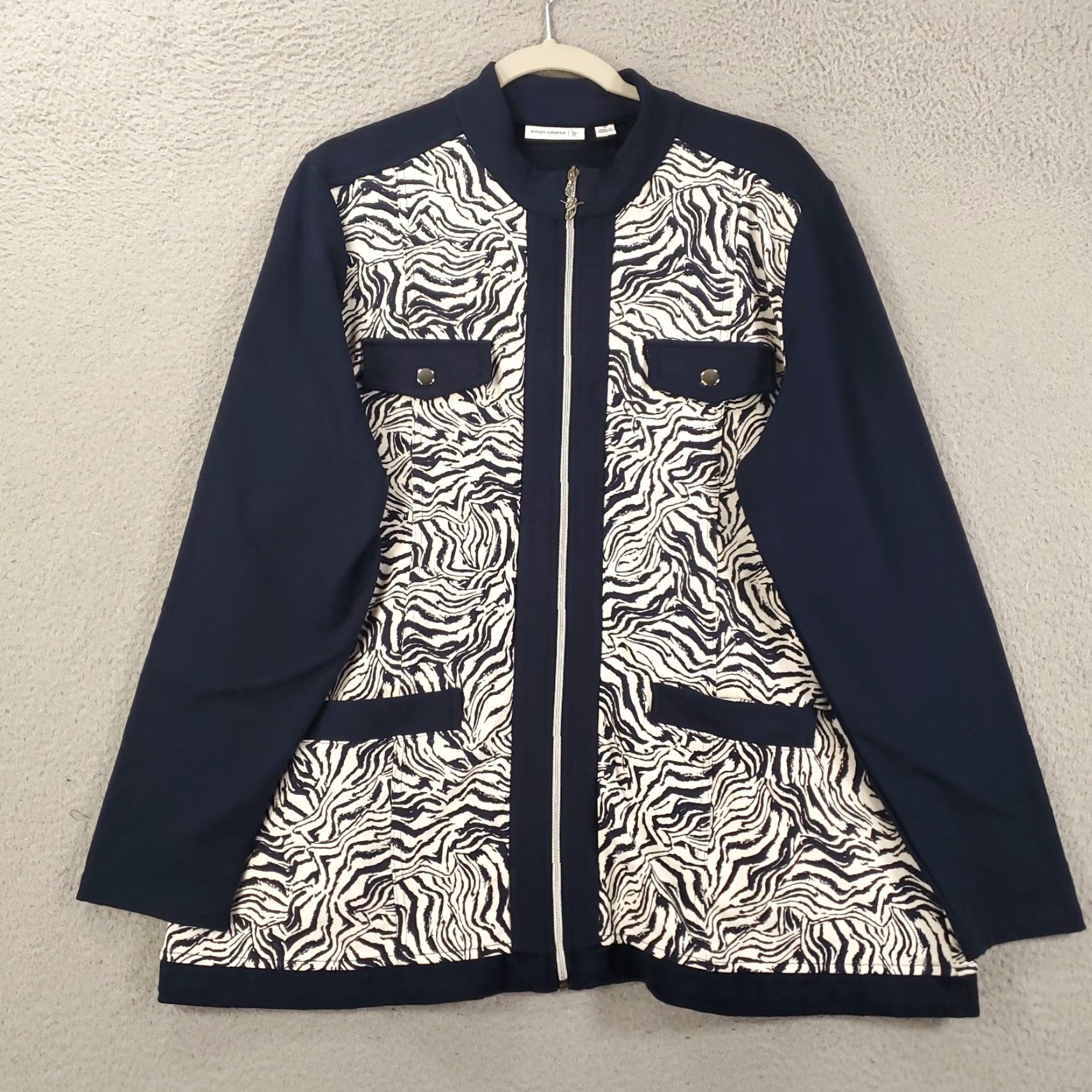 Vintage Susan Graver Womens Jacket 1X Navy Blue White Geometric Full Zip Stretchy Jacket Size XL / US 12-14 / IT 48-50 - 5 Thumbnail