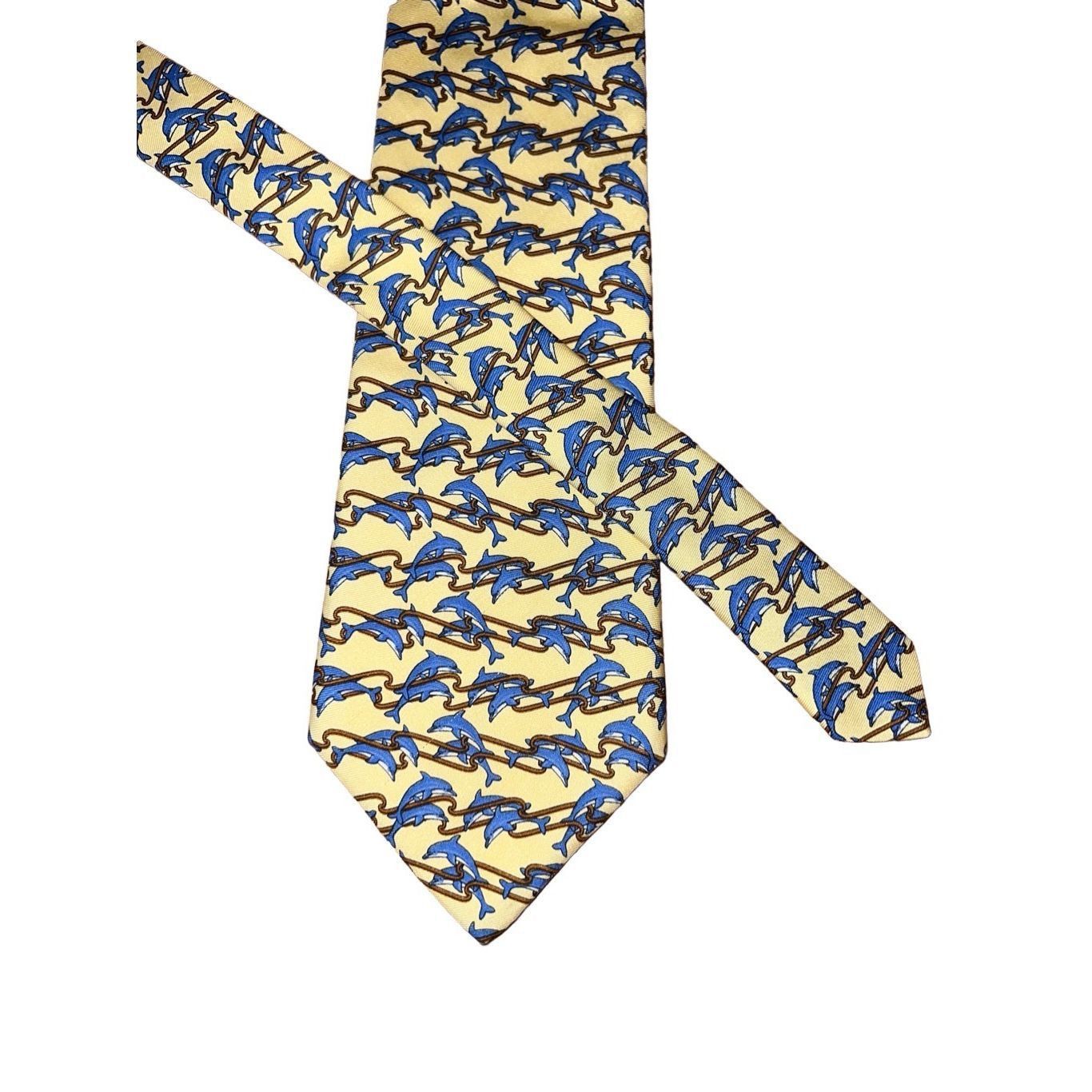Brooks Brothers Brooks Brothers Yellow Dolphin Print Handmade 100% Silk Neck Size ONE SIZE - 1 Thumbnail