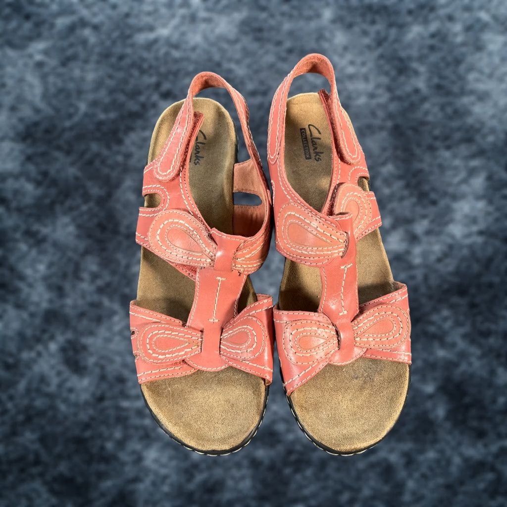 Clarks VINTAGE Clarks Bendables Sandal Women US 8.5W Leather Pink Peach Strappy Wedge Slip On Belt/Hook & Loop Size US 9 / IT 39 - 1 Thumbnail