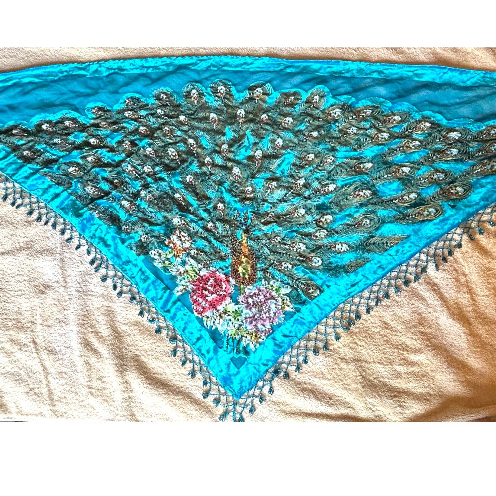Other Stunning Kirks Folly Beaded Triangular 90% Silk Peacock Wrap Size ONE SIZE - 5 Thumbnail