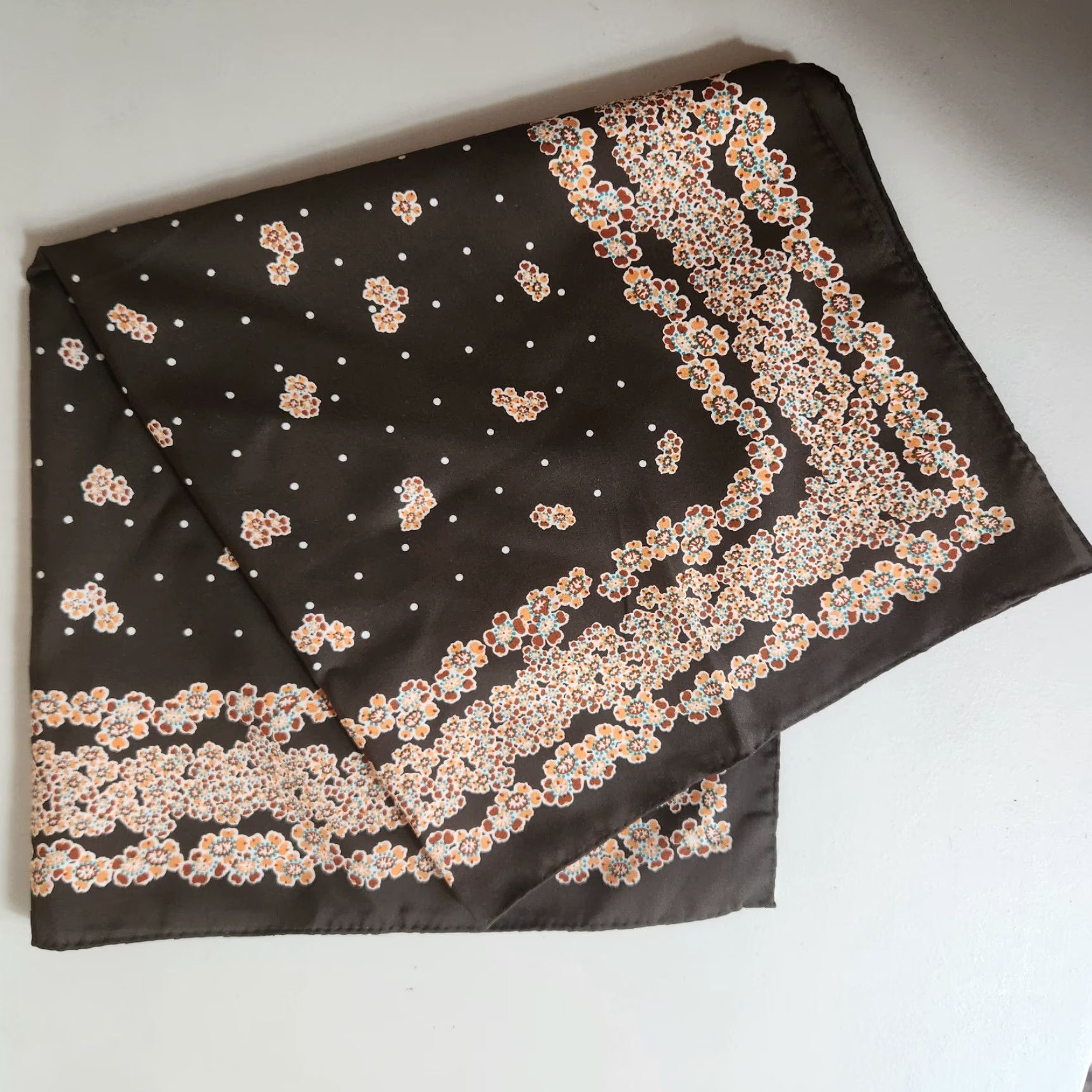 Vintage VINTAGE Scarves Nasharr 70s Brown Floral 21" Square Scarf Female Women Polyester Satin Multifunctional Square Scarf Size ONE SIZE - 2 Thumbnail