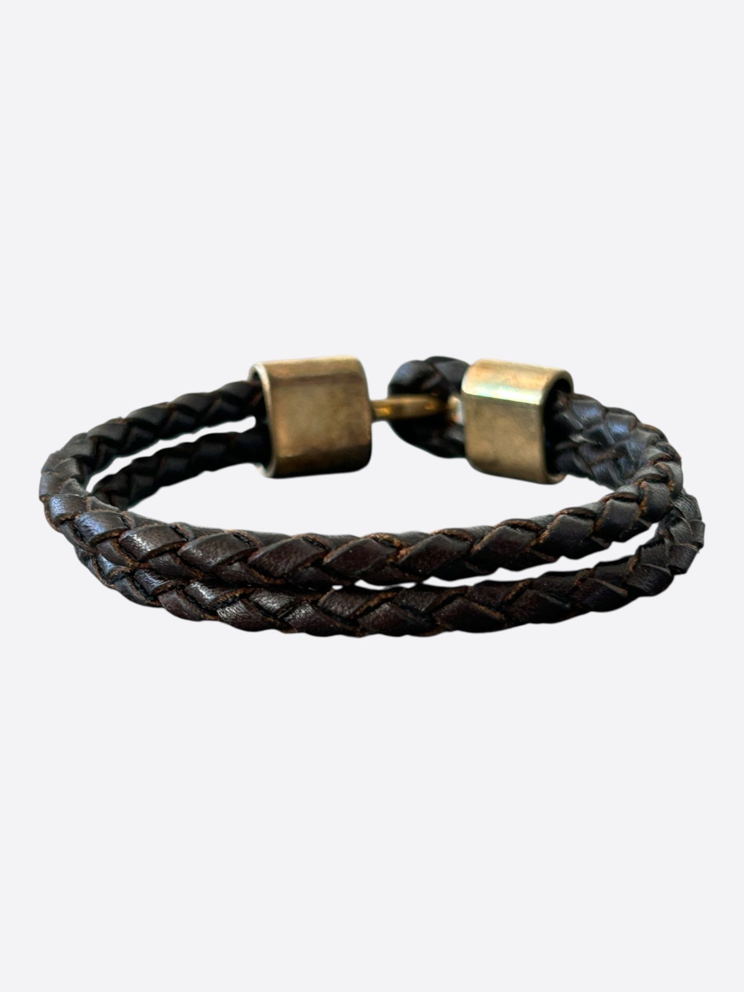 Saint Laurent Paris Saint Laurent Dark Brown & Gold Braided Leather Bracelet Size ONE SIZE - 1 Thumbnail