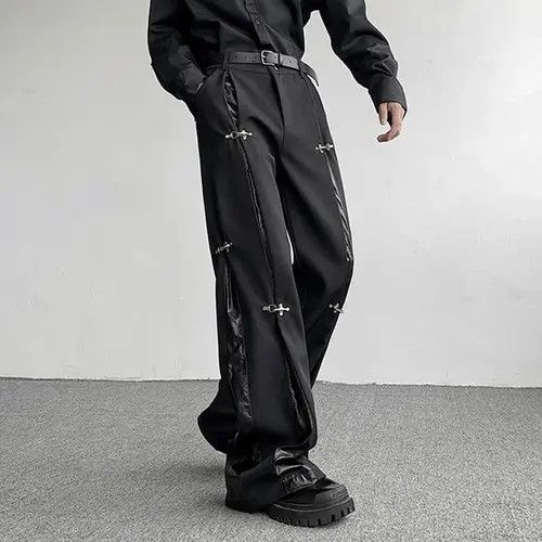 Japanese Brand × Vintage Avant garde retro buckle pu leather mix pleated pants Size US 29 - 1 Thumbnail