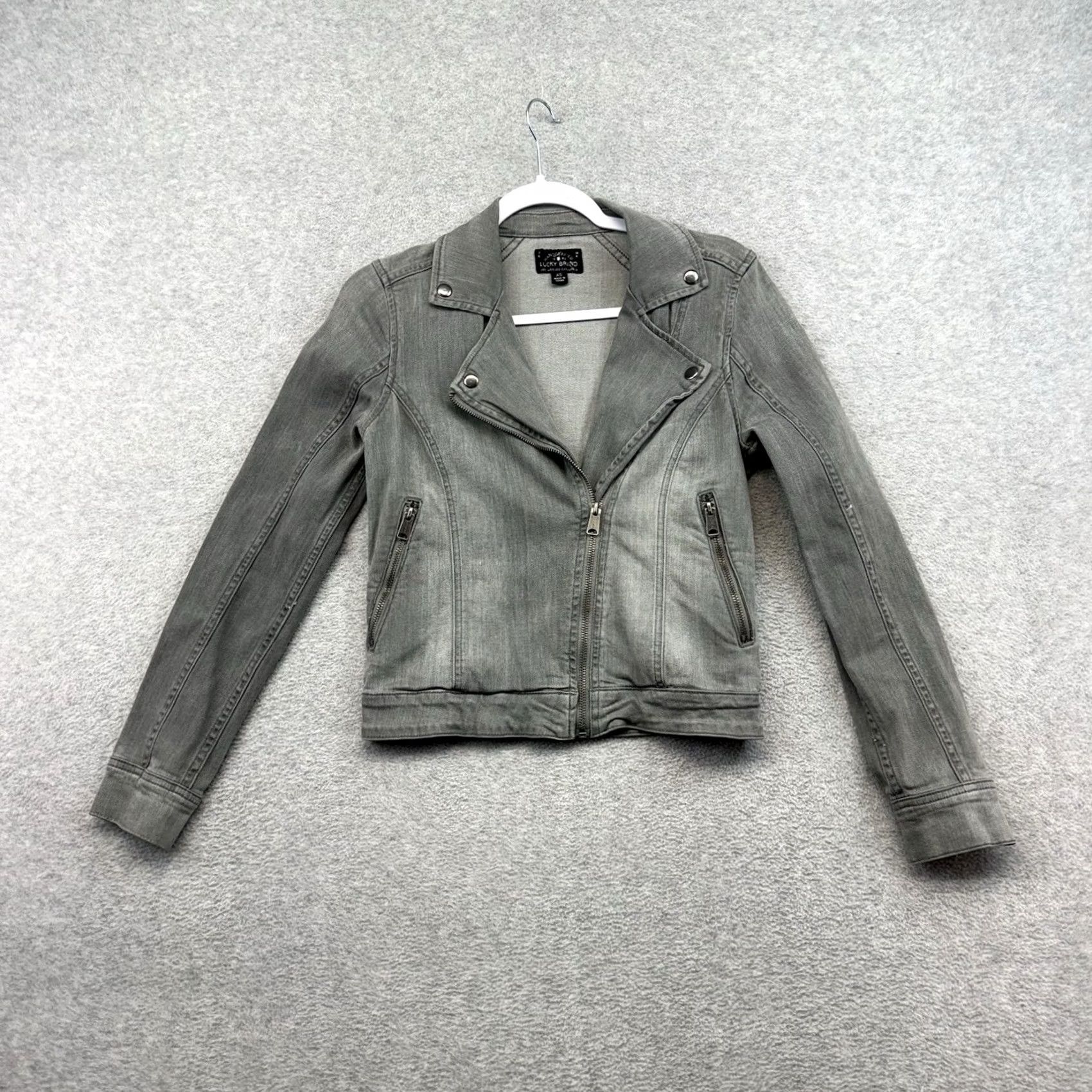 Lucky Brand Lucky Brand Gray Denim Moto Jacket Women XS Asymmetrical Zip Biker Jacket Size XS / US 0-2 / IT 36-38 - 2 Thumbnail
