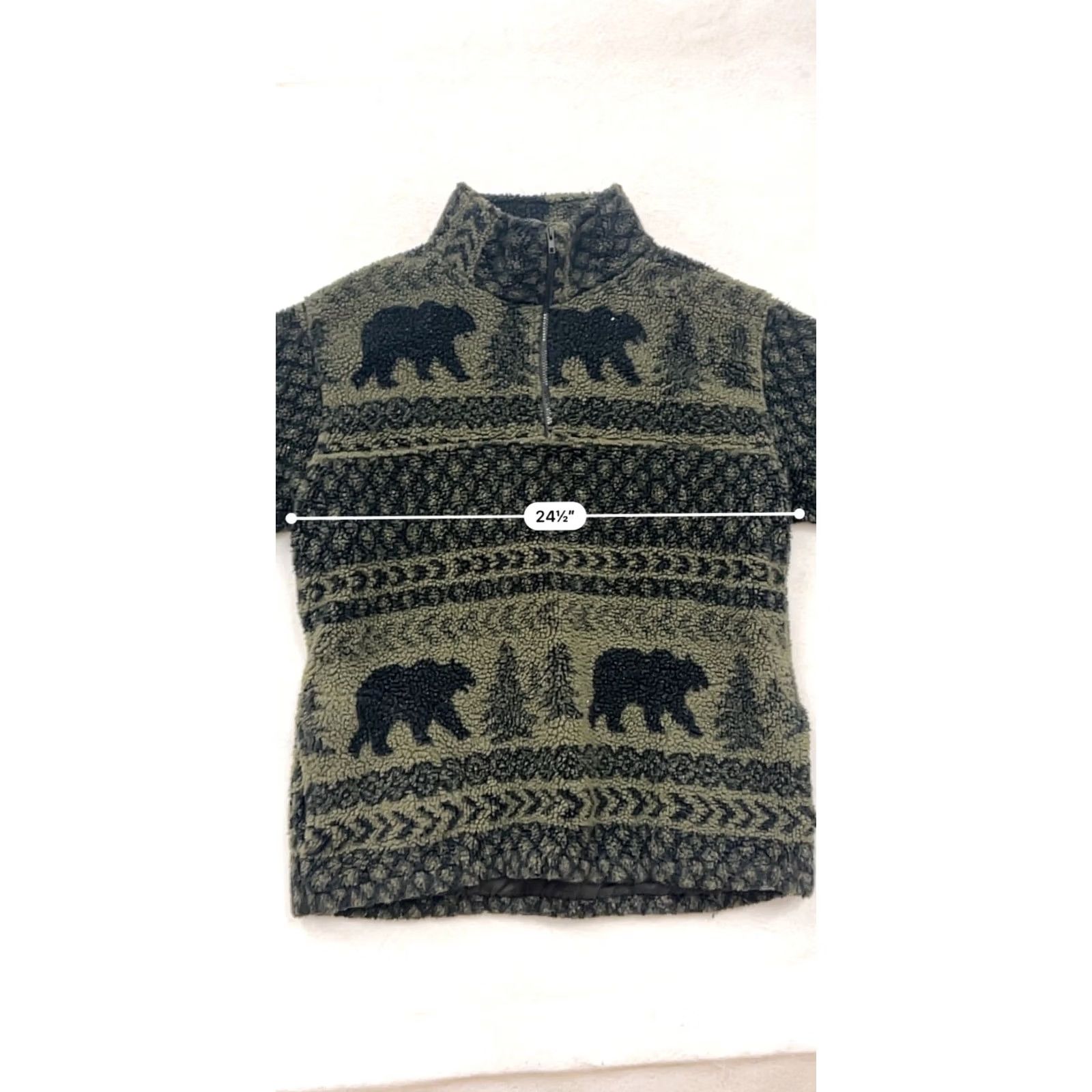 Vintage Womens XL Pullover Shirt, Forest-Themed Sherpa Quarter-Zip, Green, Fleece, Bear/Tree Pattern, Casual Winter Wear Size XL / US 12-14 / IT 48-50 - 7 Thumbnail