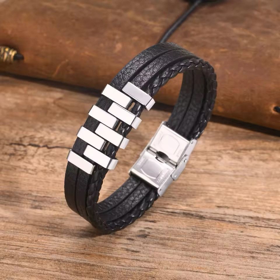 Jewelry × Leather Leather Stylish Stainless Steel 3 Layer Black Bracelets Size ONE SIZE - 4 Thumbnail