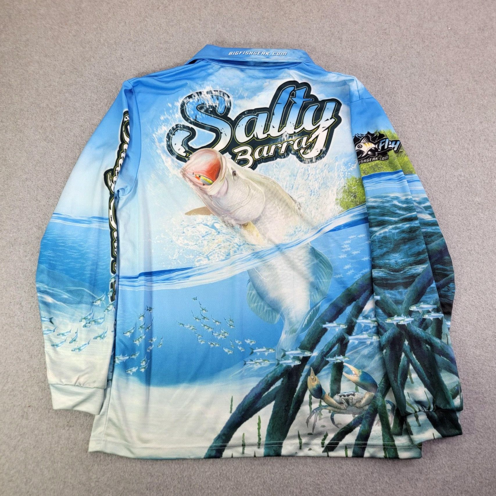 Vintage BIGFISH Polo Shirt Mens L Blue Salty Barra Graphic Print Long Sleeve Fishing Microfiber 100% Polyester UV Moisture Wicking Sail NZ? Size US L / EU 52-54 / 3 - 4 Thumbnail