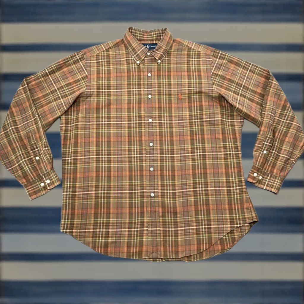 Vintage Ralph Lauren Shirt Men L Brown Plaid Long Sleeve Classic Cotton Button Down Vtg, Men's