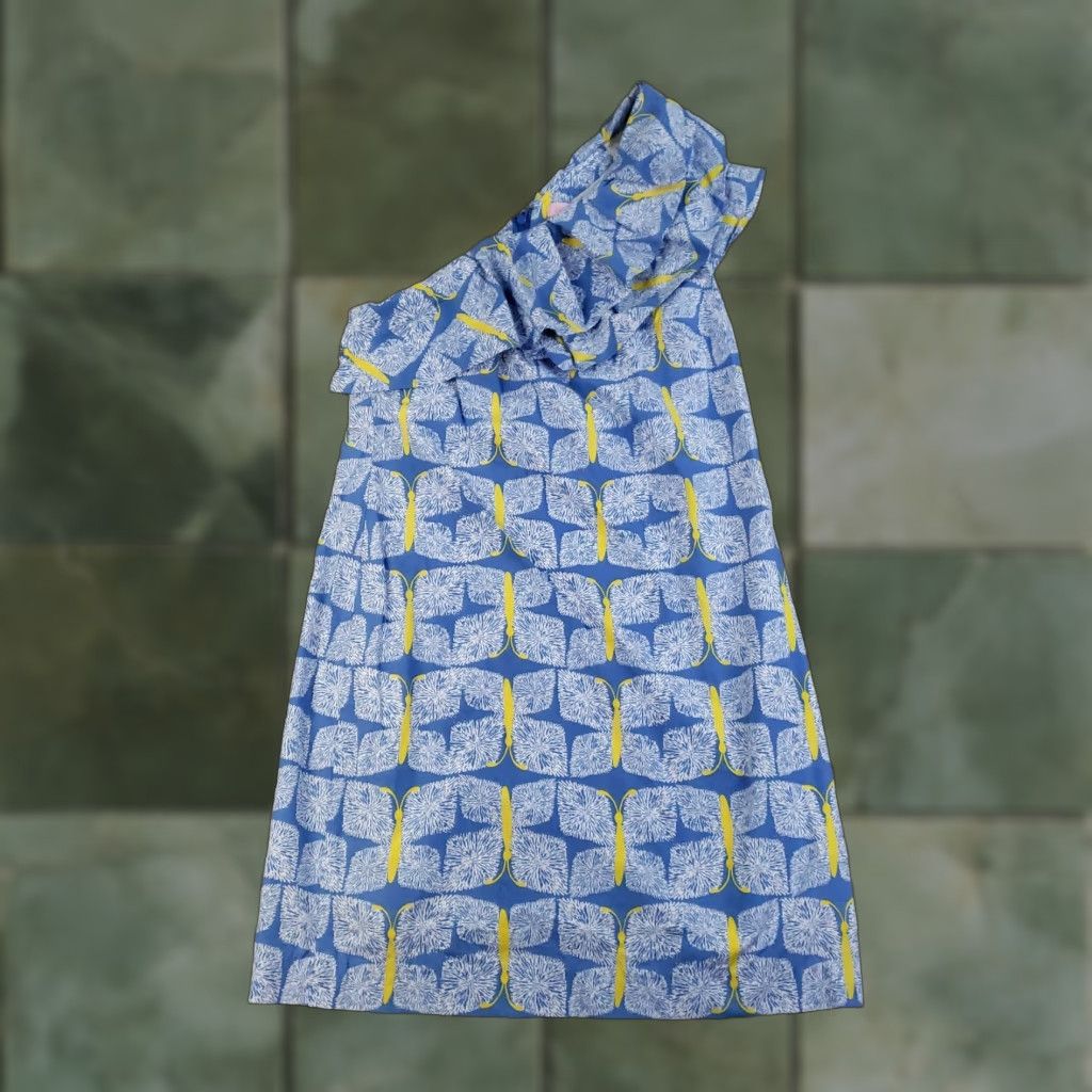 Lilly Pulitzer Lilly Pulitzer Sheath Dress Size 4 Blue One Shoulder Ruffle Geometric Casual Womens Size 27" / US 4 / IT 40 - 1 Thumbnail