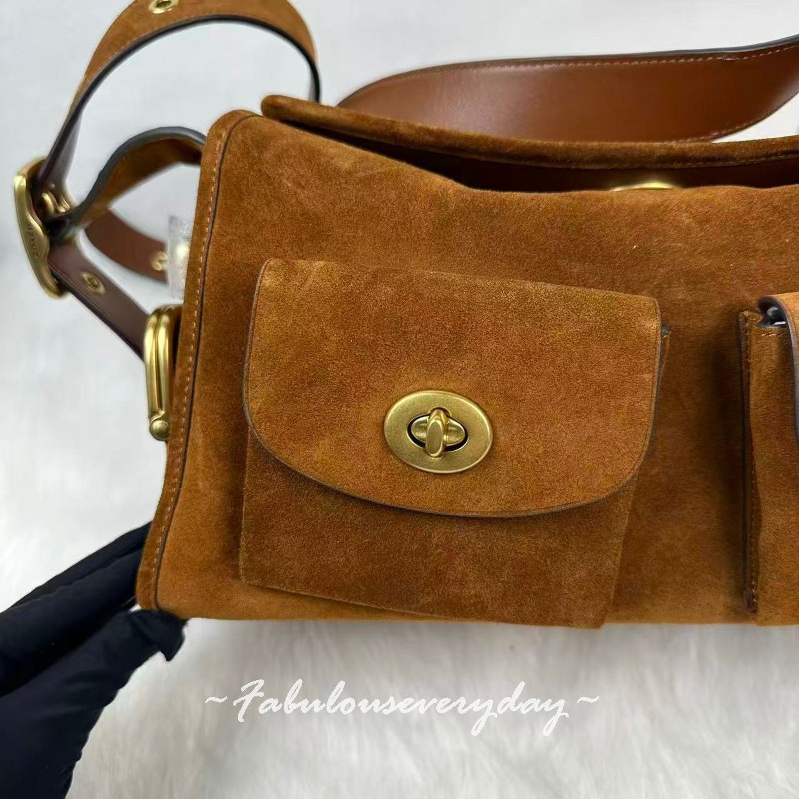 Coach Coach Turnlock Haversack Crossbody Suede Brass/Warm Brown Size ONE SIZE - 9 Thumbnail