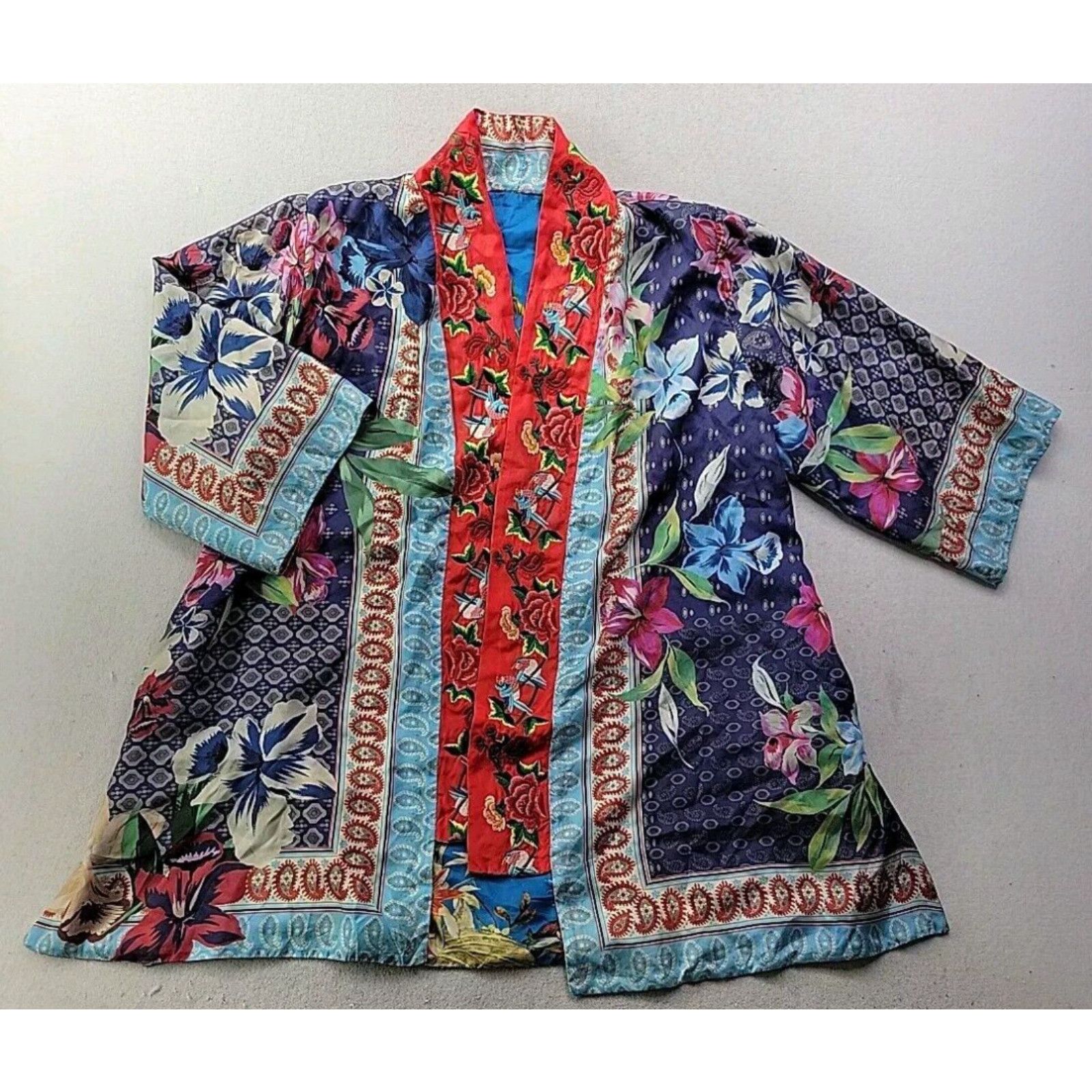 image of Johnny Was Coastal Silk Printed Kimono Jacket Embroidered Silk Reversible Xs in White, Women's