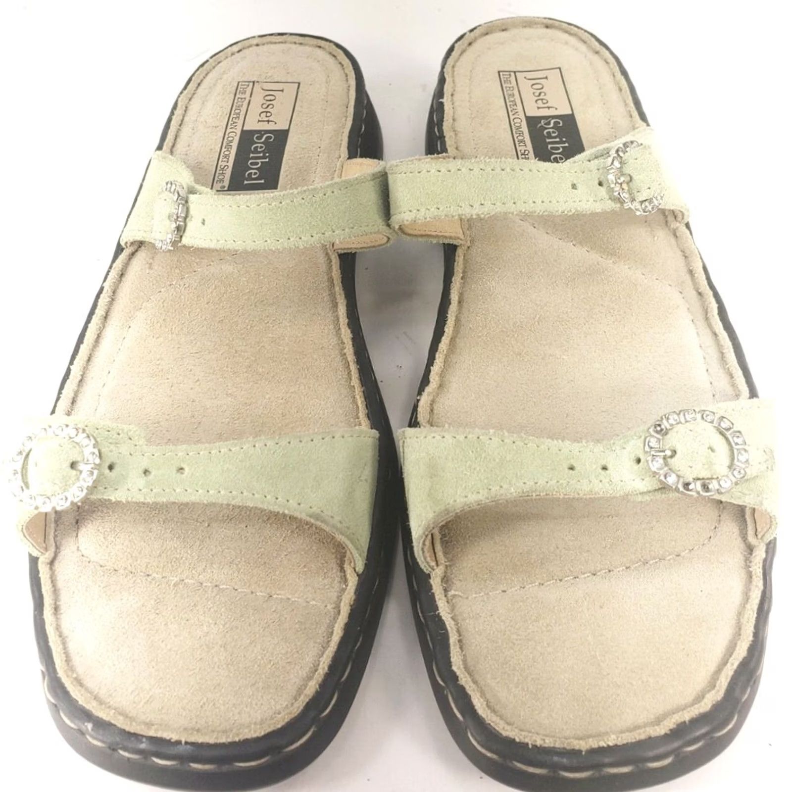 Vintage Josef Seibel Slide Sandals Womens 7.5 Mint Green Suede Buckle Strap Casual Wedding Party Travel Style Size US 8 / IT 38 - 3 Thumbnail