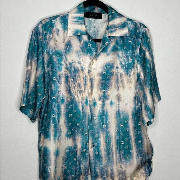 Amiri Amiri Bleached Paisley Logo Silk Camp Shirt Blue Aqua Men’s Size US S / EU 44-46 / 1 - 2 Thumbnail