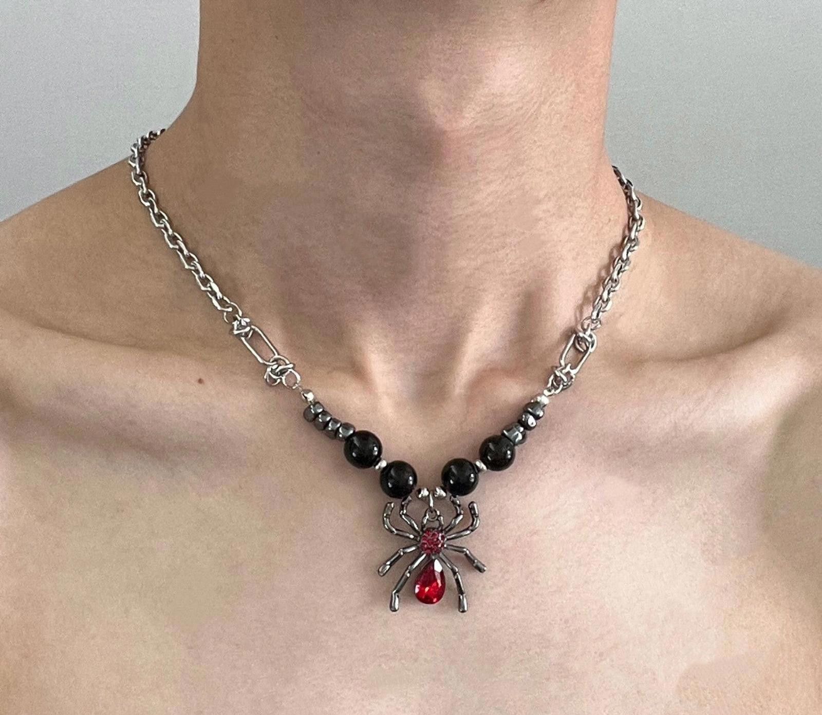 Jewelry Spider Pendant Choker Necklace with Red Gem Size ONE SIZE - 3 Thumbnail