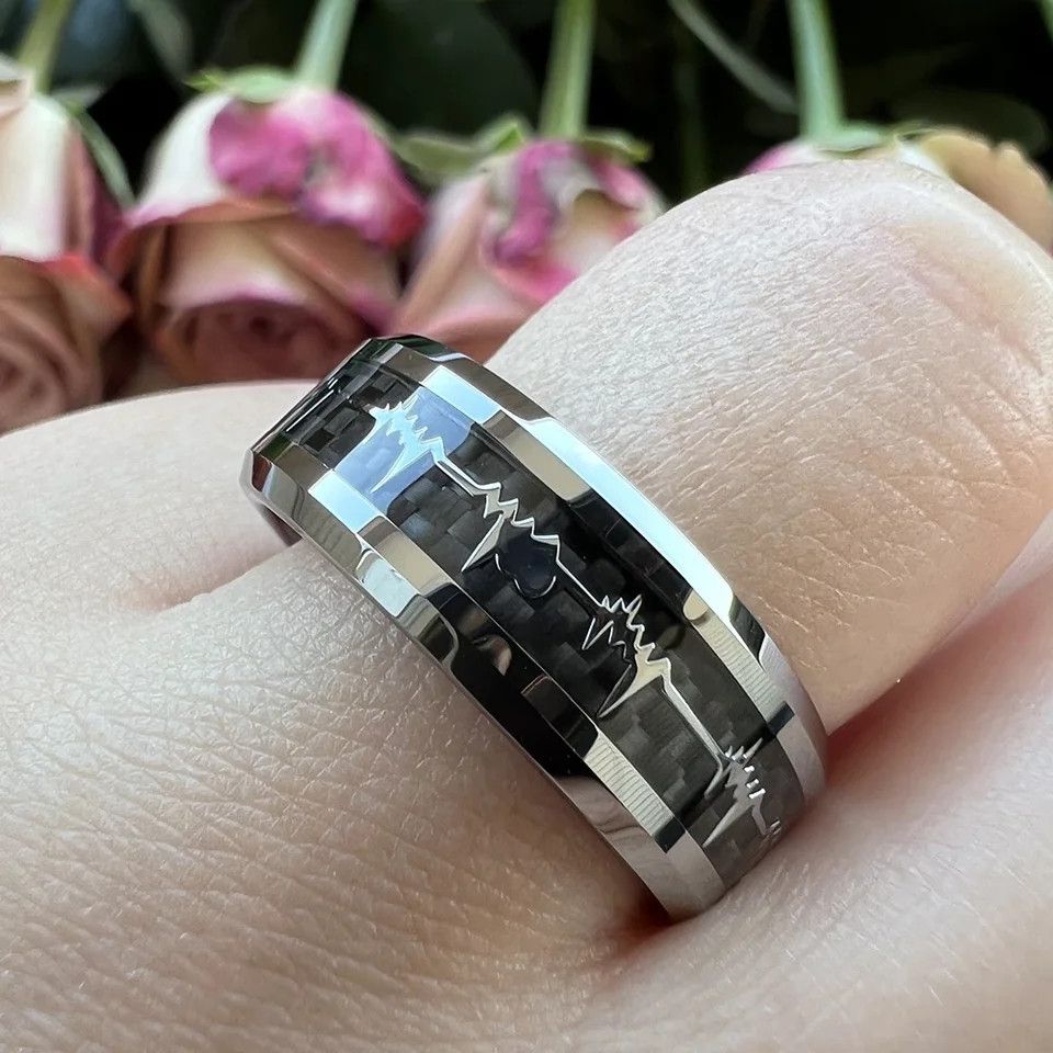 Japanese Brand × Jewelry 8mm Black Carbon Fiber Heart Inlay Ring Size ONE SIZE - 2 Thumbnail