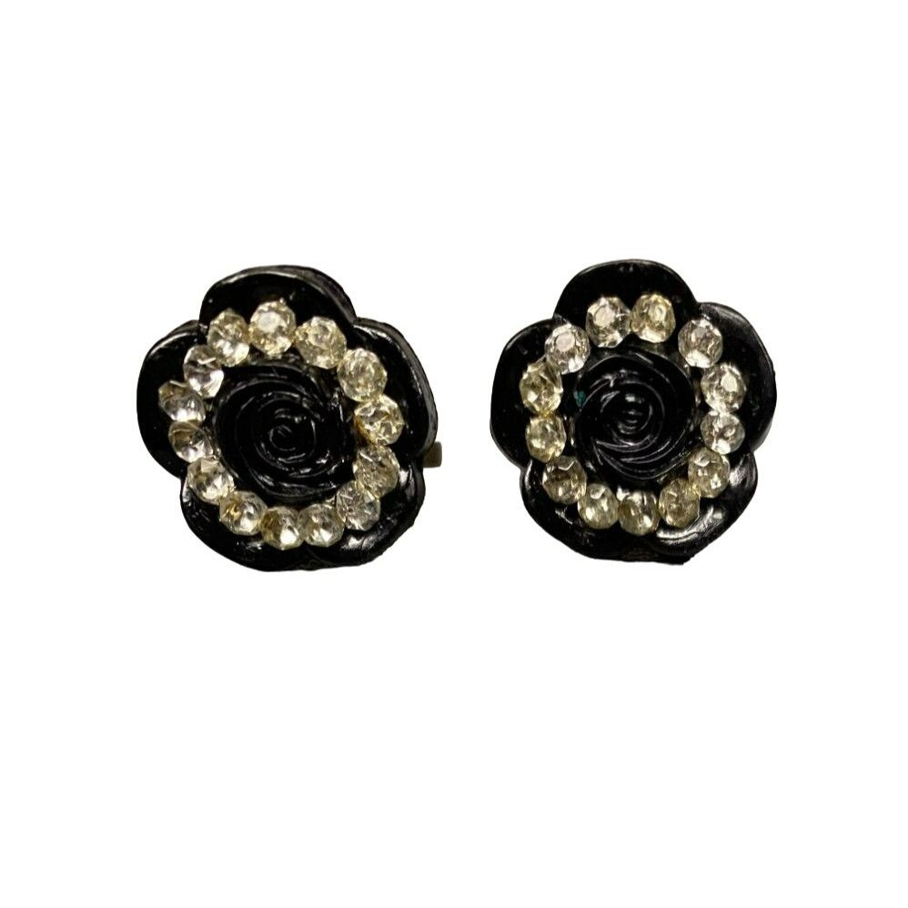 Other Vintage Black Rose Screw Back Earrings With Clear Rhinestone Size ONE SIZE - 5 Thumbnail