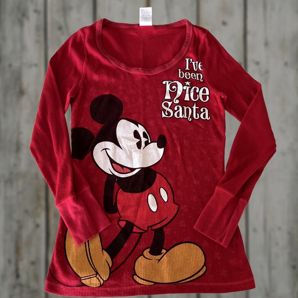 Disney VINTAGE Disney Mickey Mouse Red Thermal Junior Plus 1X 16W “I’ve Been Nice Santa” Size XL / US 12-14 / IT 48-50 - 1 Thumbnail