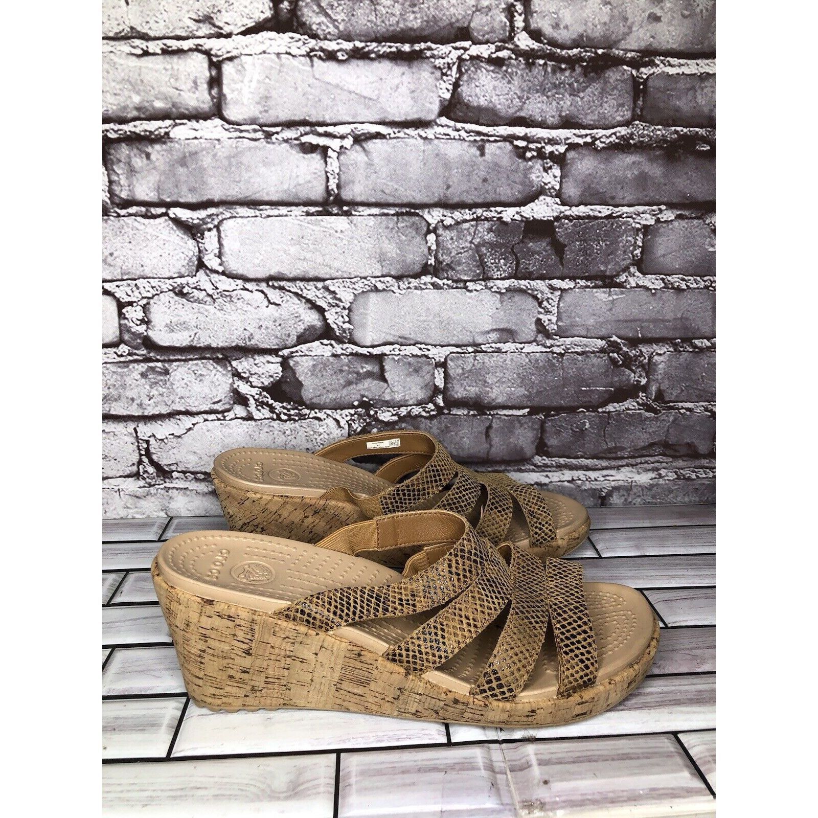 Crocs Crocs A-Leigh Gold Leather Snake Print Cork Wedge Sandals Wo Size US 11 / IT 41 - 11 Thumbnail