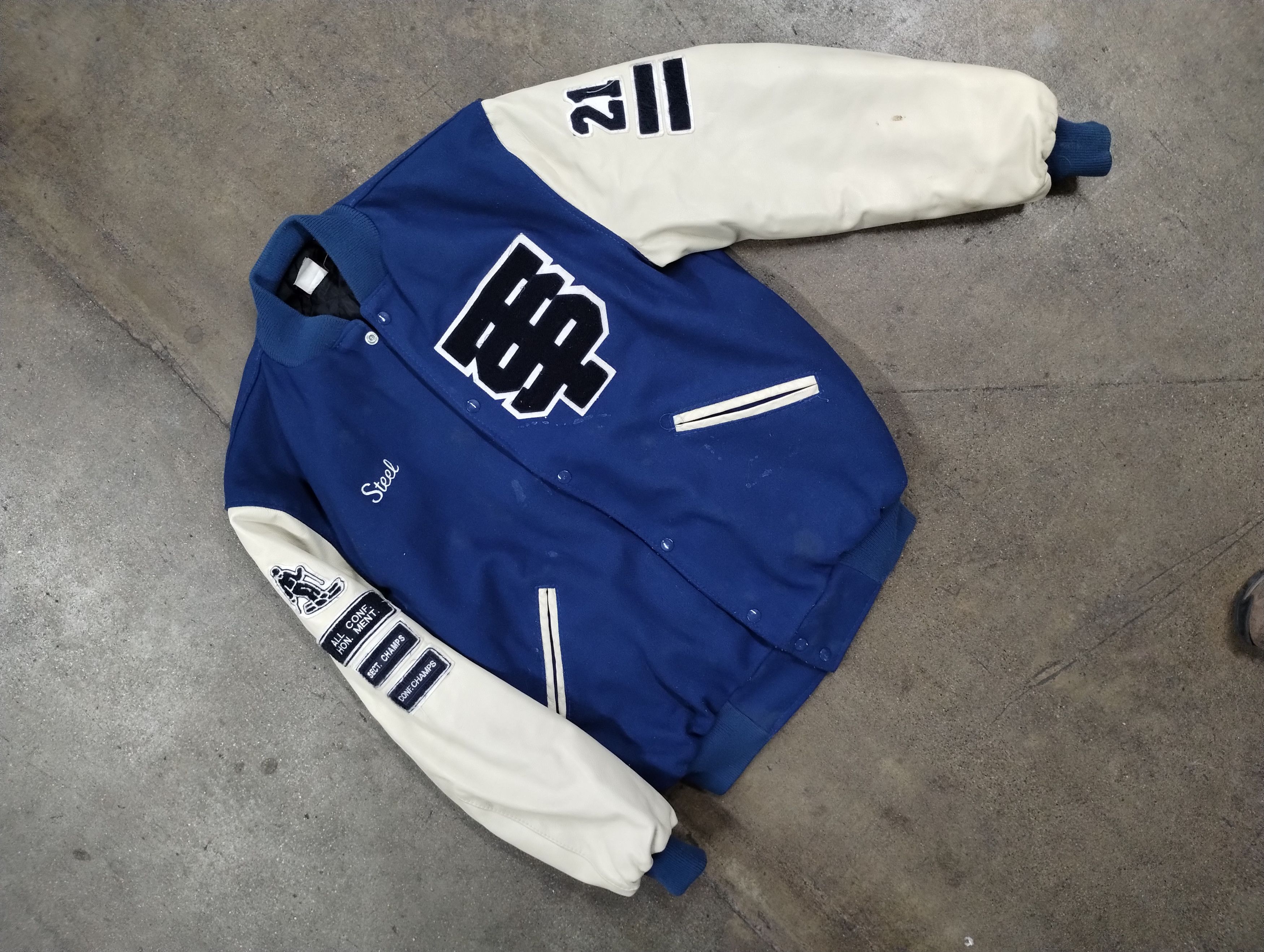 image of Vintage 90's Steel Varsity Jacket in Blue, Men's (Size Large)