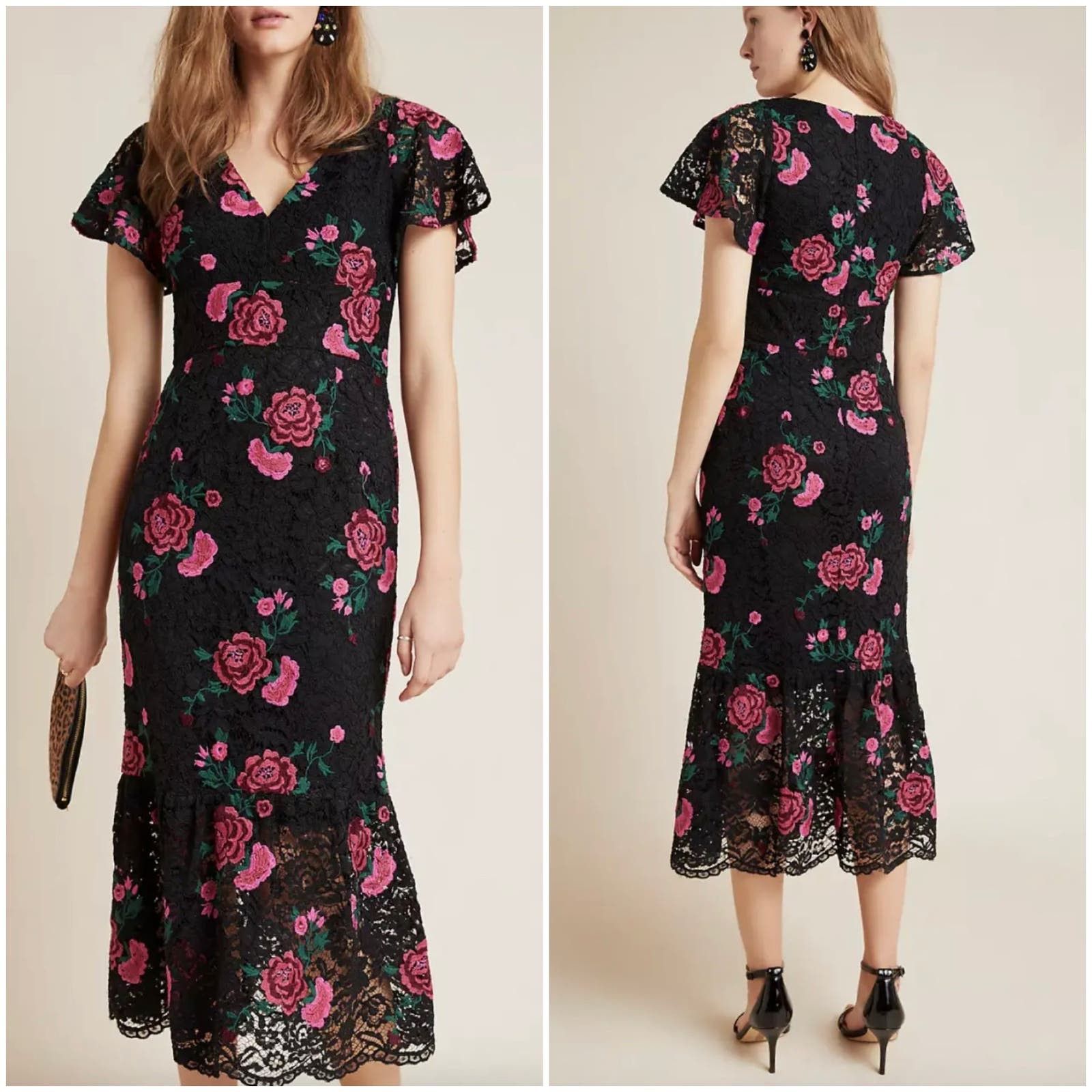 image of Anthropologie Shoshanna Audette Rose Embroidered Lace Midi Dress Floral 4 in Black, Women's (Size S