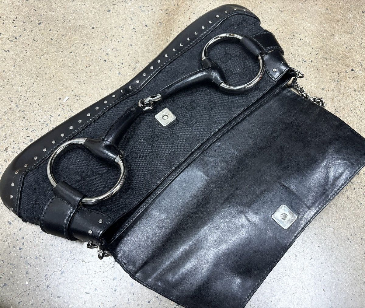 Gucci GUCCI Black GG Canvas Horsebit Chain Large Clutch Bag Size ONE SIZE - 11 Thumbnail