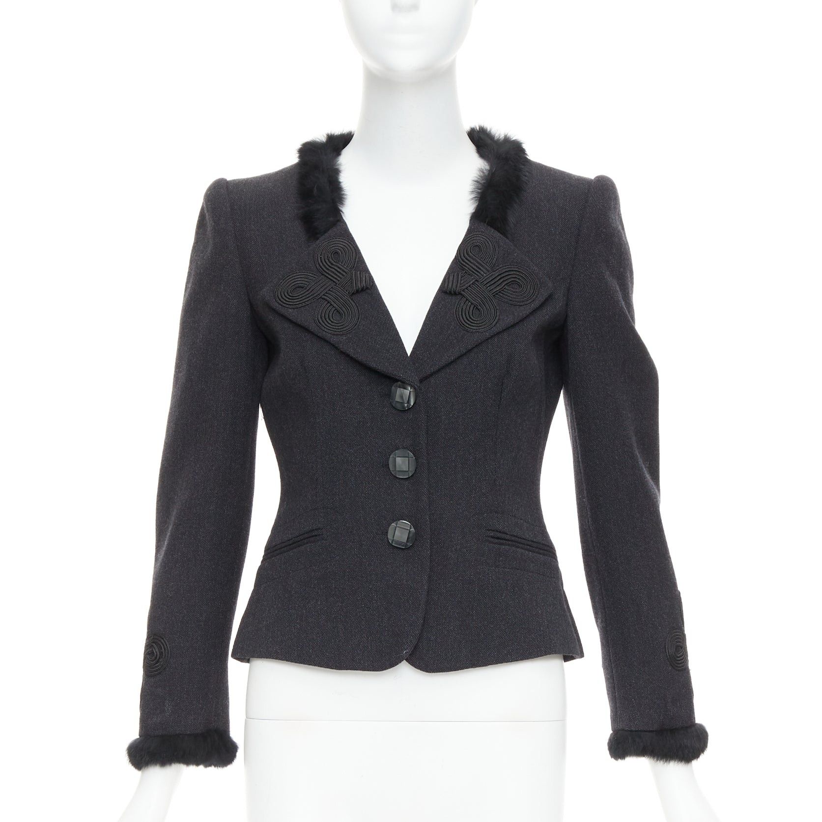 Emporio Armani EMPORIO ARMANI grey virgin wool fur trim totem applique crop blazer IT42 M Size M / US 6-8 / IT 42-44 - 1 Thumbnail